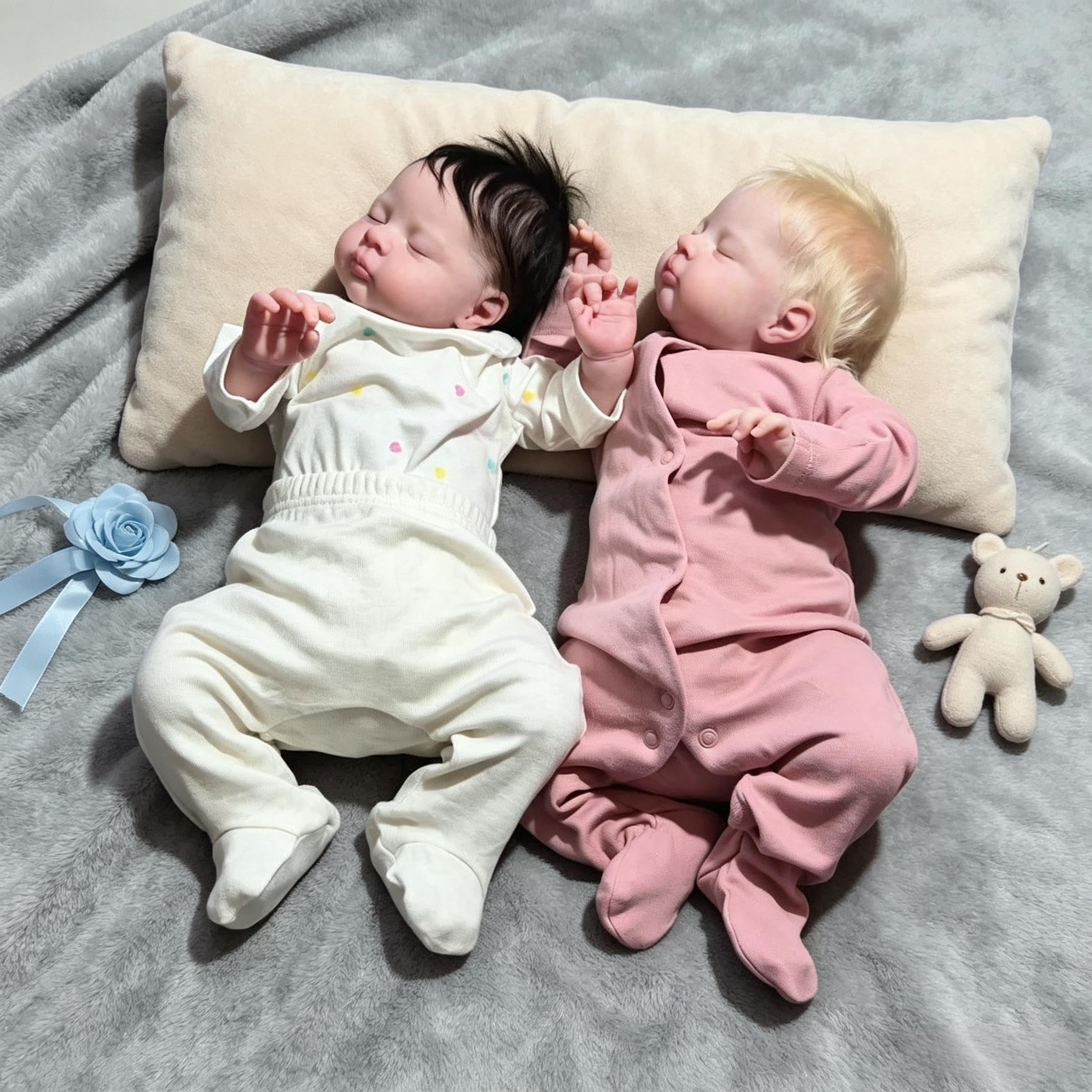 RXDOLL Lebensechte Reborn Babypuppen Zwillinge 19 Zoll Schlafende Reborn Baby Zwillinge Weicher Stoffkörper, Realistische Babypuppen mit Haar, Neugeborenenpuppe Spielzeug für Kinder