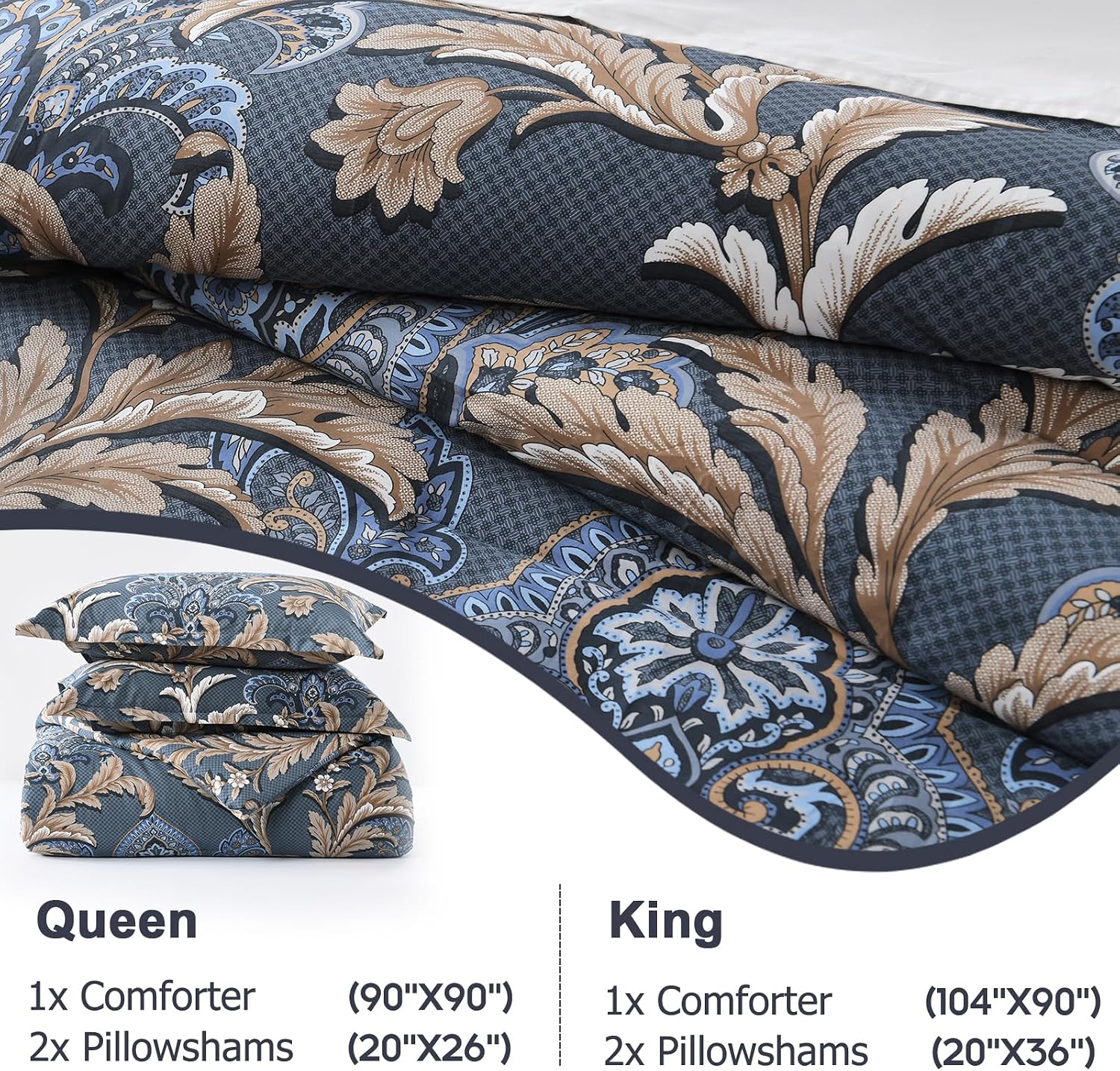 Finlonte Cotton Queen Size Comforter Set, Navy Paisley Bedding Set with Floral Damask Patterns, Ultra Soft Duvet Insert, Fluffy Quilted All-Season Luxury Bed Set with 2 Pillowshams, Navy Blue/Brown