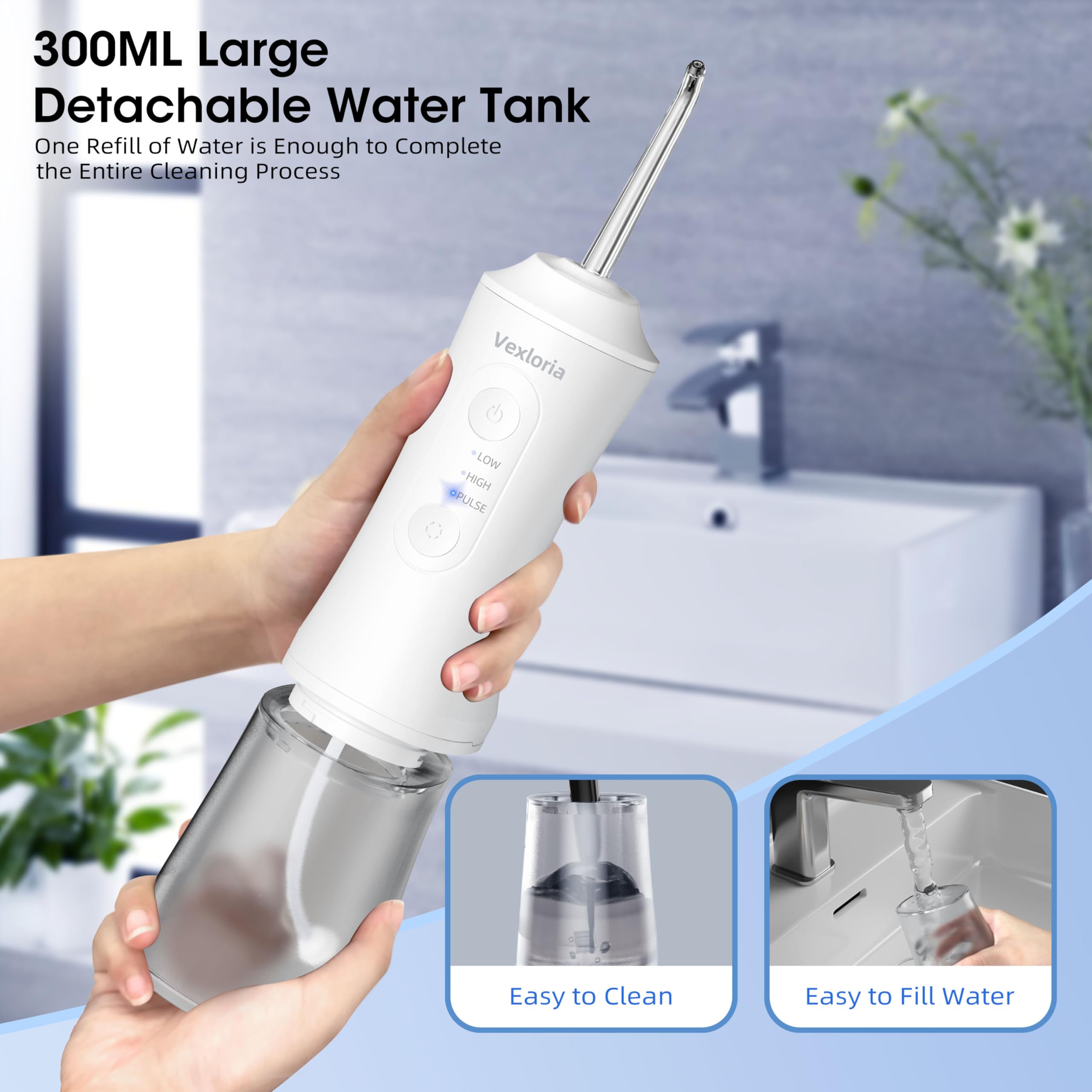 Vexloria Munddusche Kabellos, Elektrische Zahnreiniger Tragbar IPX7 Water Flosser 3 Modi & 4 Düsen, 300ML Zahndusche Oral Munddusche Testsieger für Entfernt Speisereste und Reinigt Die Zähne (Weiß)