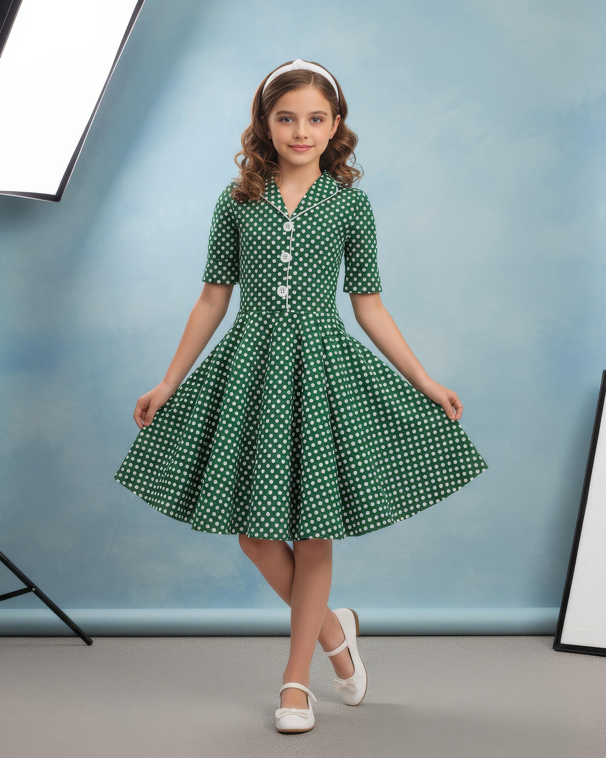 BlackButterfly Vestito Bambina Sabrina a Pois | Gonna a Ruota, Maniche Corte Risvoltate, Colletto Classico, Abbottonatura, Foderato, Zip Laterale, 3-14 Anni