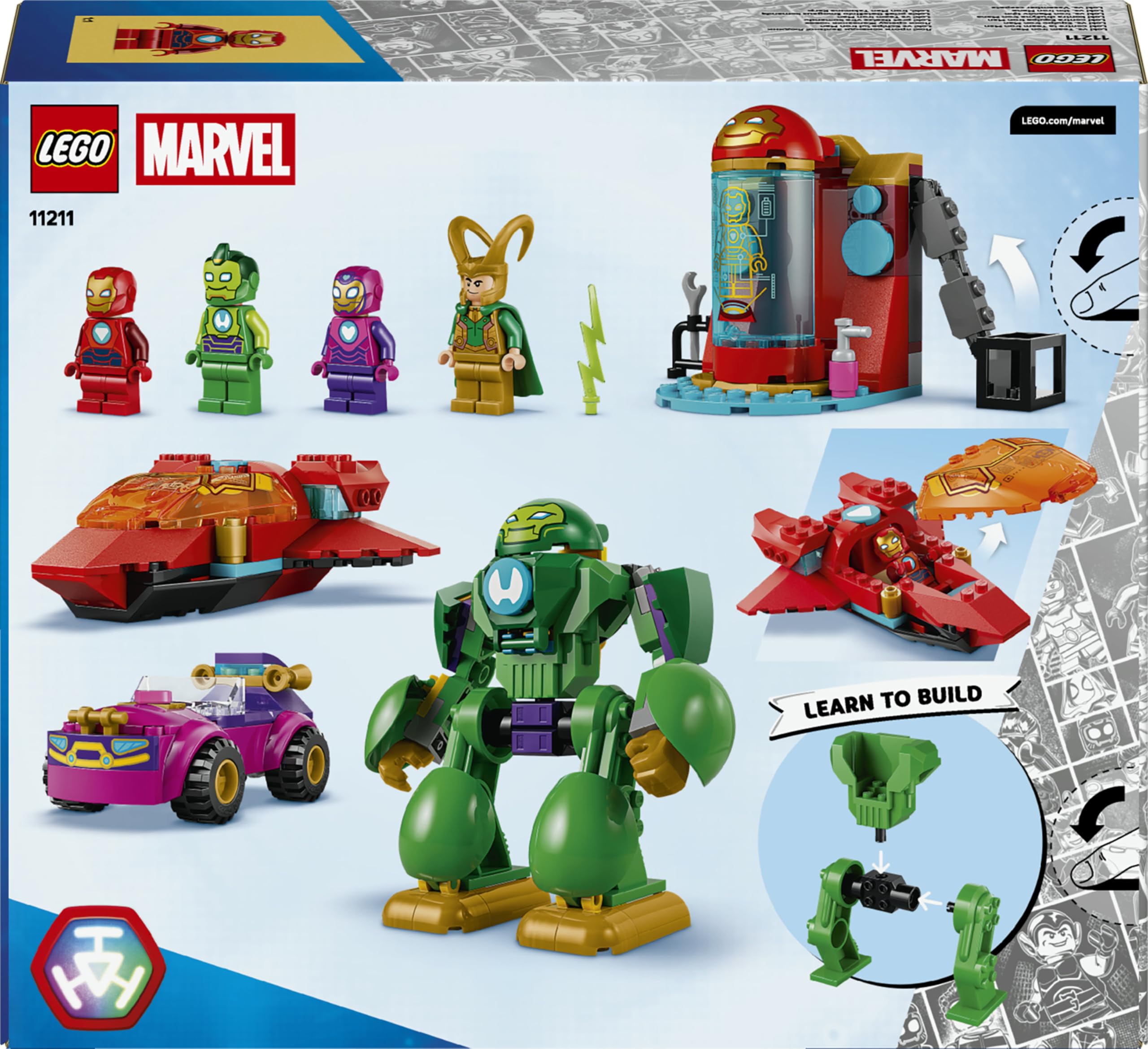LEGO | Marvel Loki vs. Team Iron Man - Giocattolo da Supereroi con Auto, Aereo, Action Figure Mech e 4 Minifigure - Regalo Bambini da 4 Anni Fan dello Show Iron Man e i Suoi Fantastici Amici - 11211