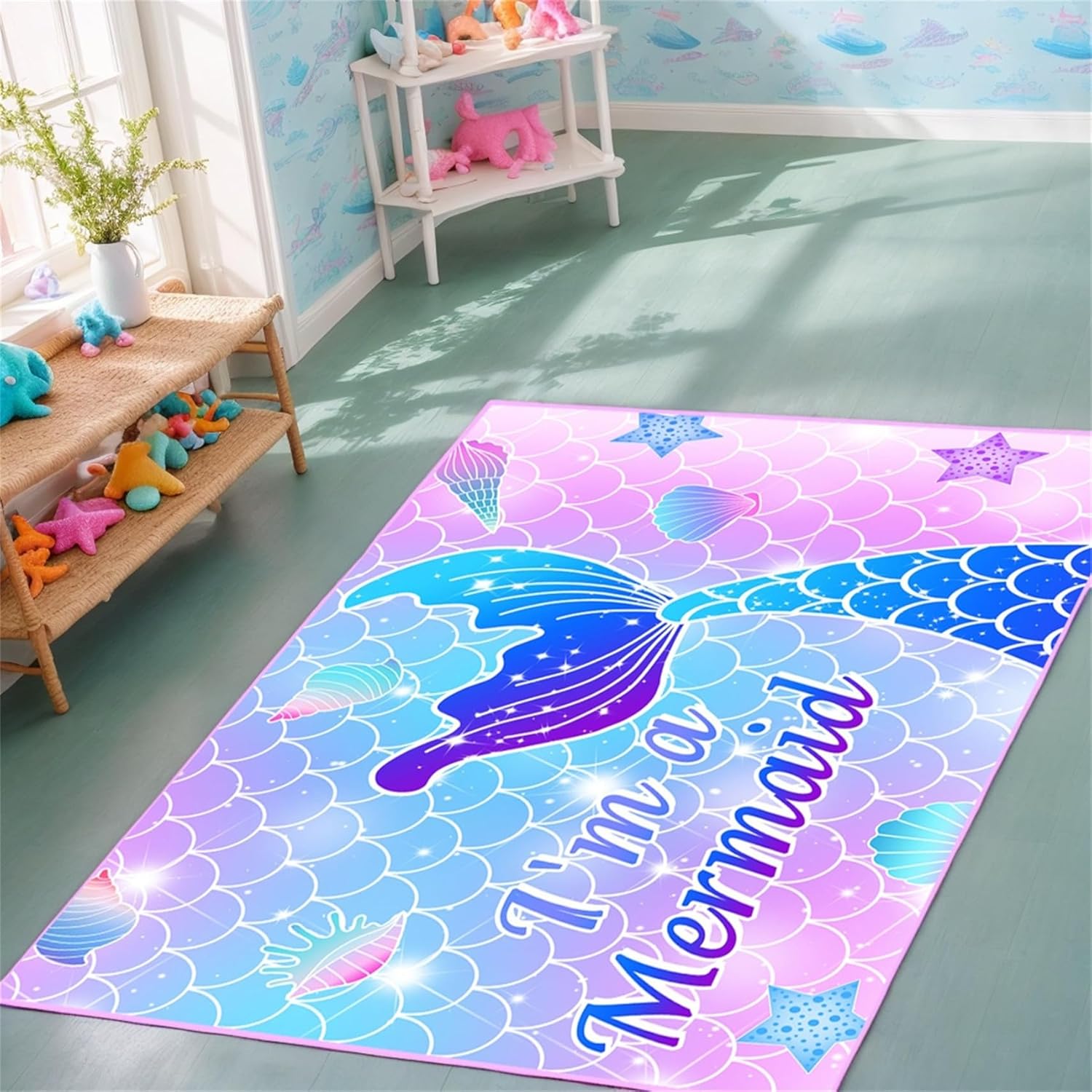 Cartoon Mermaid Rugs for Girls Lovely Kids Room Decor Carpets Pink Mermaid Theme Soft Carpet Sofa Floor Mat for Living Sitting Playing Room, 4'×5'