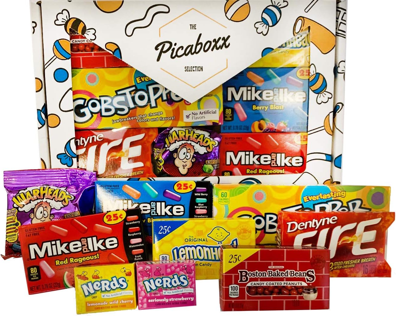 Picaboxx American Mixed Sweets Selection Gift Hamper Variety Box ★ 9 Products Premium Pack ★ American Candy Hamper ★ Sweet Gift Box with Display Window ★ Mike & IKE ★ Dentyne ★ Nerds