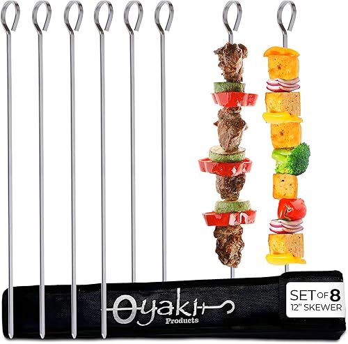 O-Yaki - Pinchos planos de metal para parrilla, brochetas de barbacoa de 12 pulgadas de acero inoxidable con bolsa de almacenamiento, juego de 8