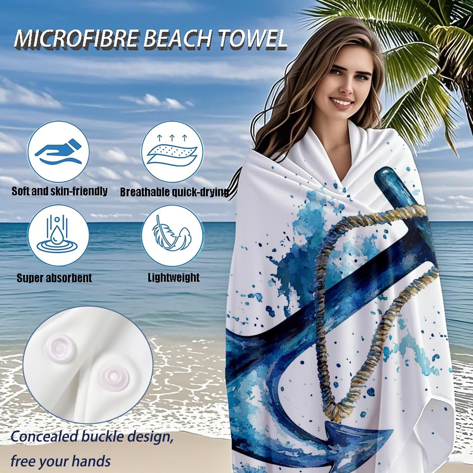 Serviette Plage Été Motif, Serviette de Plage XXL 90x180 cm avec Sac, Serviettes de Bain Microfibre Séchage Rapide Anti-Sable Absorbante Fonction pour Bain, Sport, Voyages, Sauna, Piscine Q-795