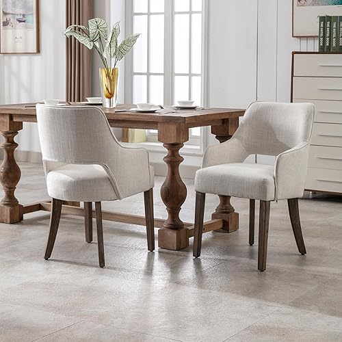 Miniatura 2 de Juego de 2 sillas de comedor modernas, tapizadas, de lino, con respaldo abierto medio y patas de madera, sillón para el hogar, cocina y restaurante,