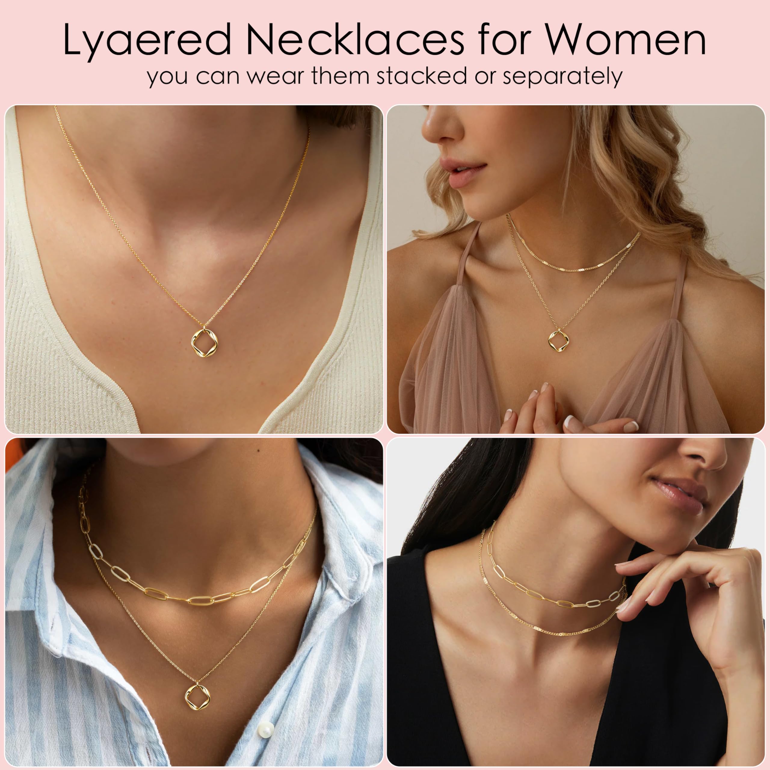 Layered Gold Necklaces for Women,Stackable Dainty 14K Gold Silver Plated Trendy Circle Paperclip Chain Pendant Choker Necklace,Simpl Diamond Cross Bow Jewelry Set Gifts for Women