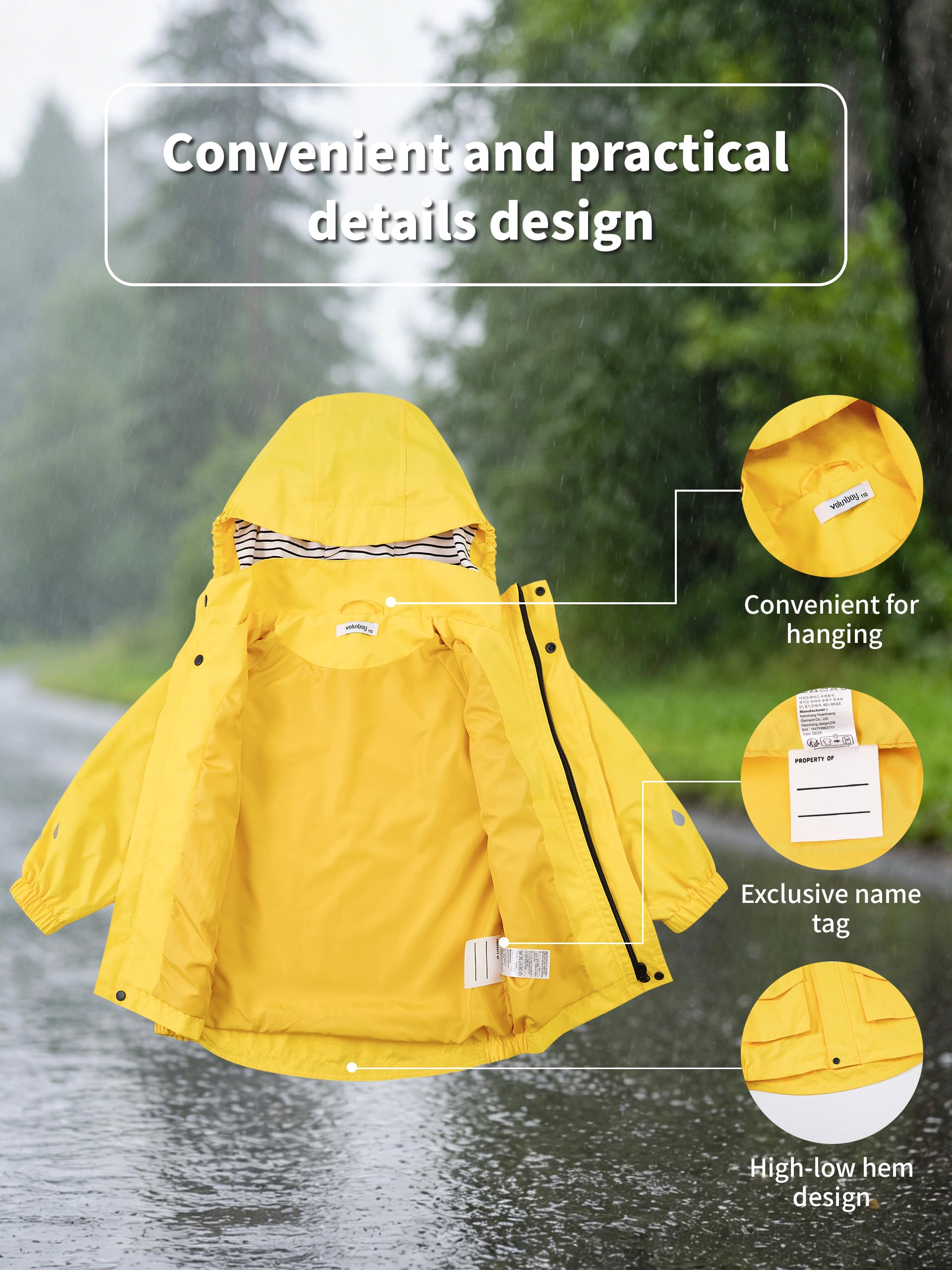 Volunboy Kinder Regenjacke Wasserdicht, Leichte Winddichte Jacke, Abnehmbare Kappe, Reflektorstreifen, Jungen & Mädchen 2-6 Jahre