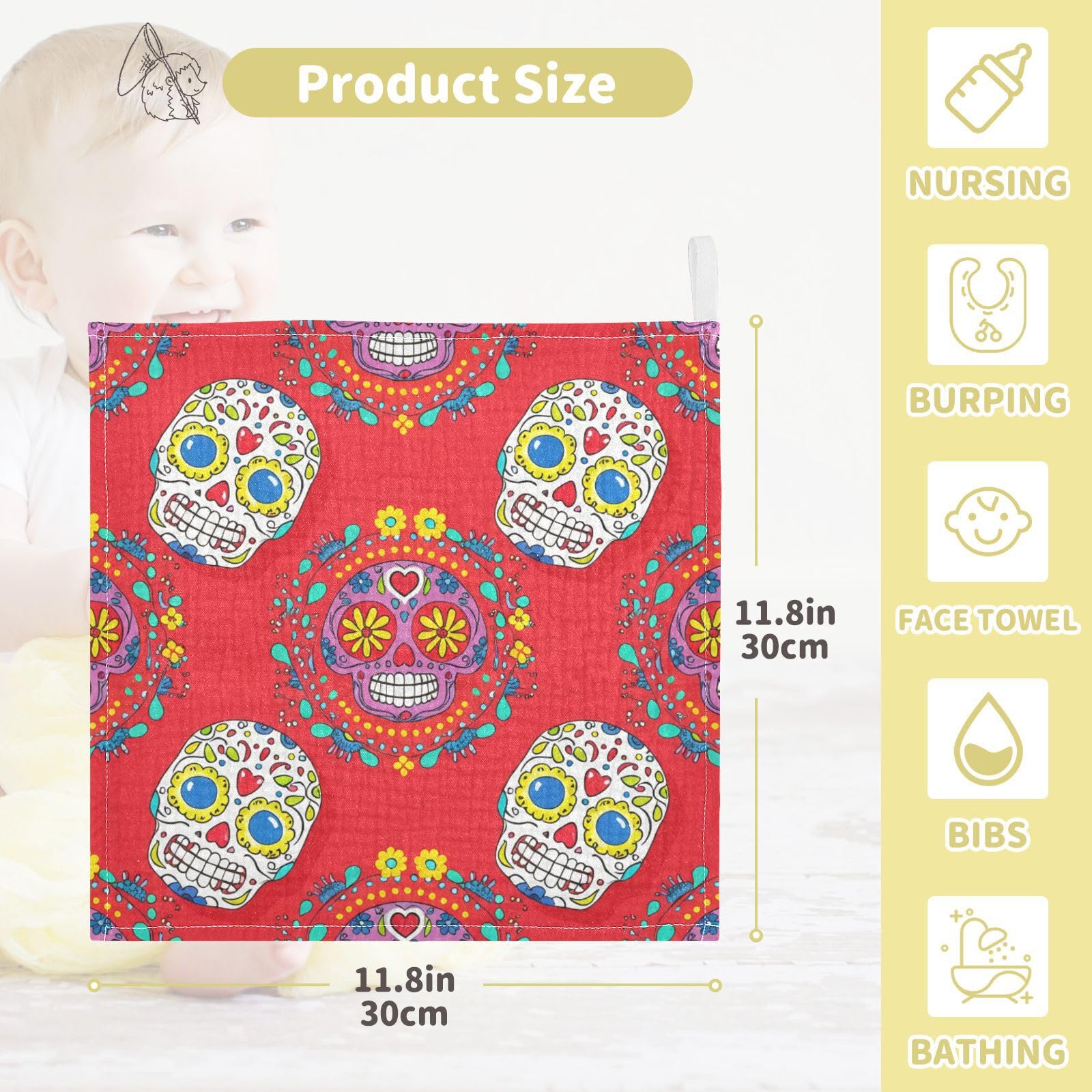 Nander 5Pack Baby Muslin Washcloths,Colored Sugar Skull Soft Face Cloths for Newborn, Absorbent Bath Wash Cloths, Wipes, Burp Rag,Toddlers Essentials Stuff, Baby Registry as Shower