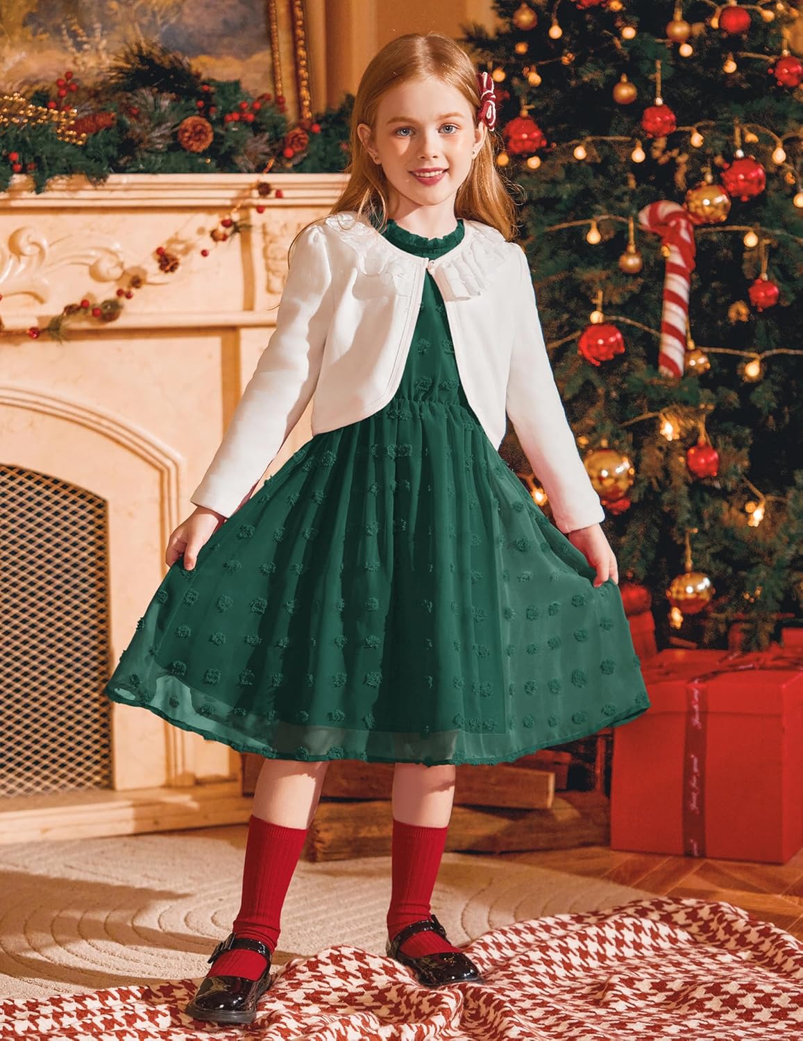 Arshiner Girls Dress Long Sleeve Swiss Dot Ruffle Collar Flowy A-Line Party Dress for Kids 5-13Y - Image 8