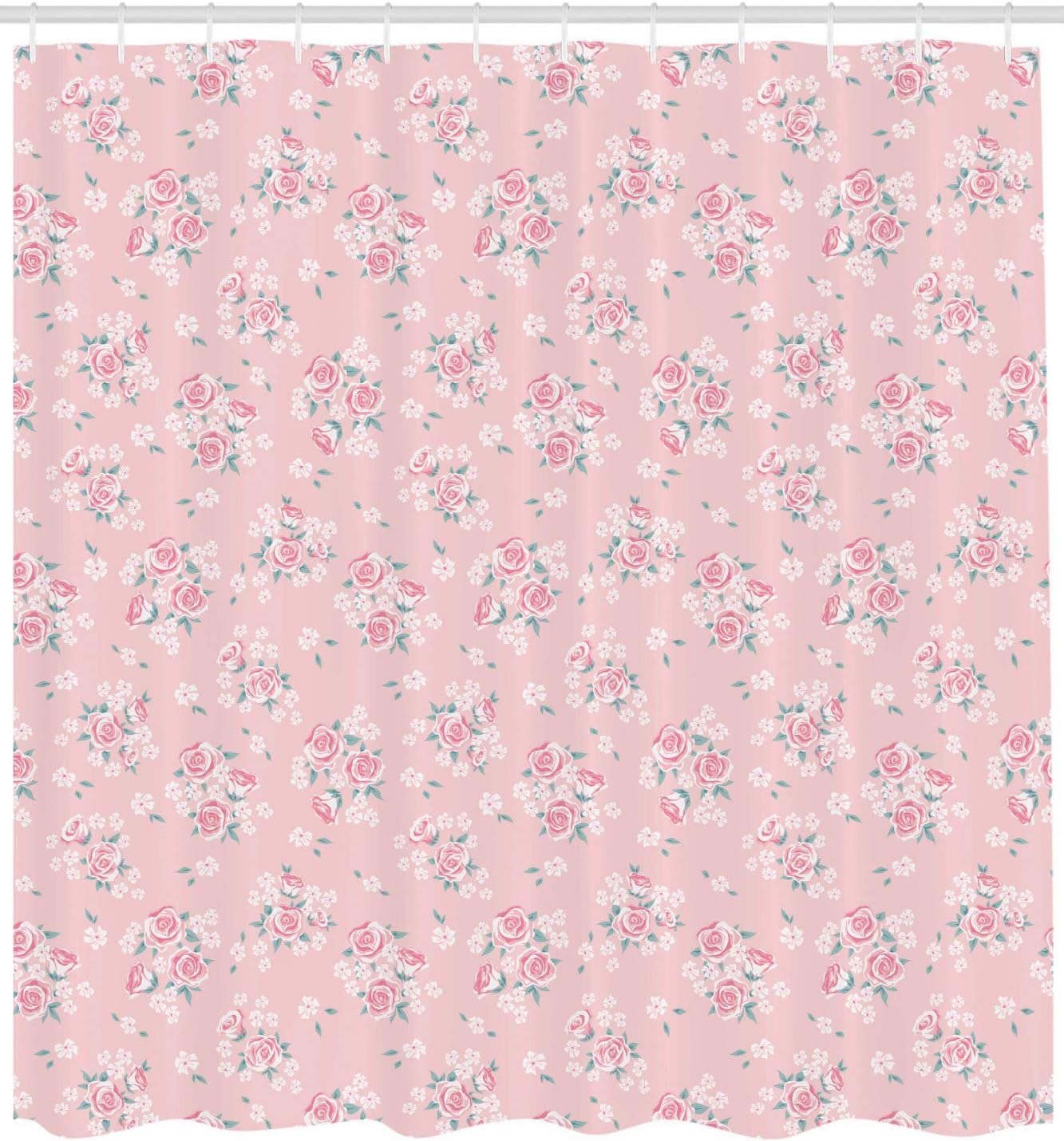 Ambesonne Pink Shower Curtain, Romantic Shabby Form Style Inspired Flowers with Little Roses Lilacs Artwork Print, Cloth Fabric Bathroom Decor Set with Hooks, 69" W x 70" L, Pink
