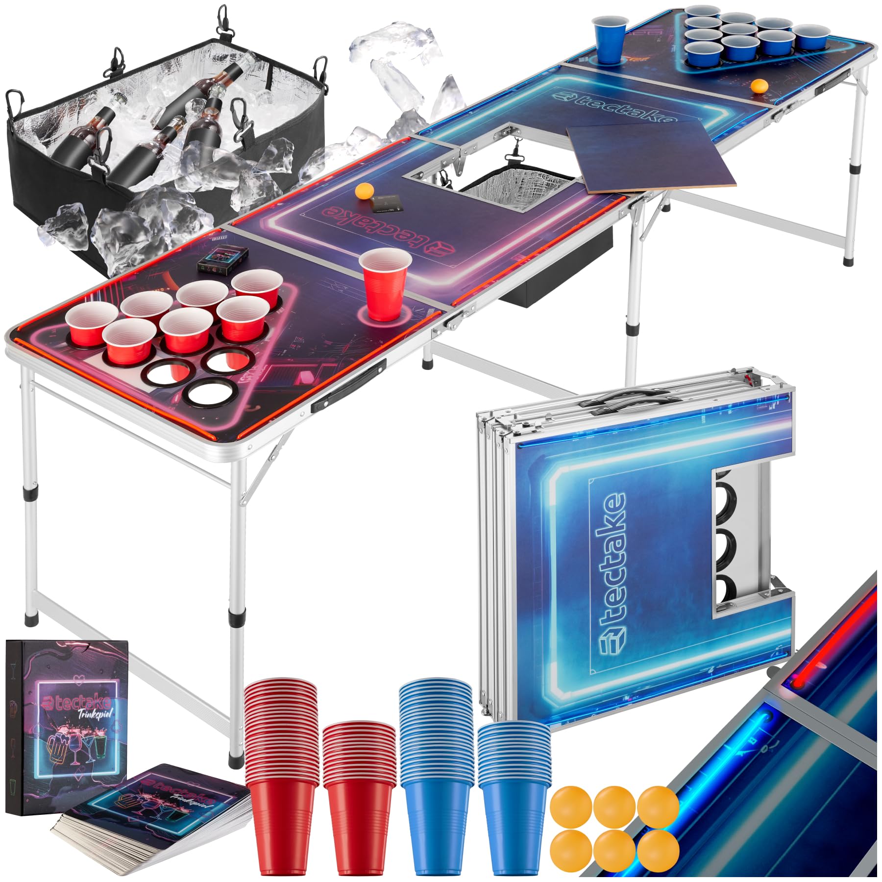 tectake® Bierpong Tisch mit Eiskühler und Party Deko LED Beleuchtung, Aluminium Tisch höhenverstellbar, Klapptisch, Set mit Zubehör, Beerpong Table, 100 Plastikbecher, 6 Bälle + Trinkspiel Kartenspiel