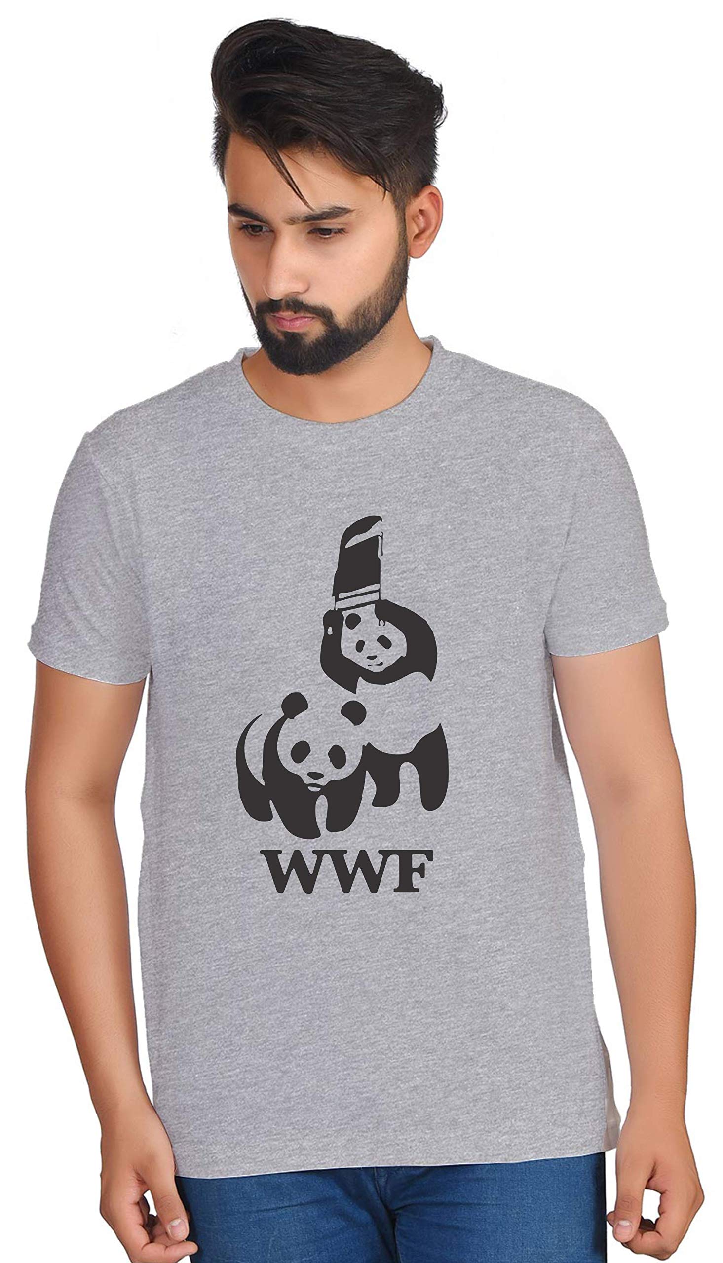 GenericMen's WWF Panda Printed Half Sleeve Grey T-Shirt Cotton Graphic Printed for Men