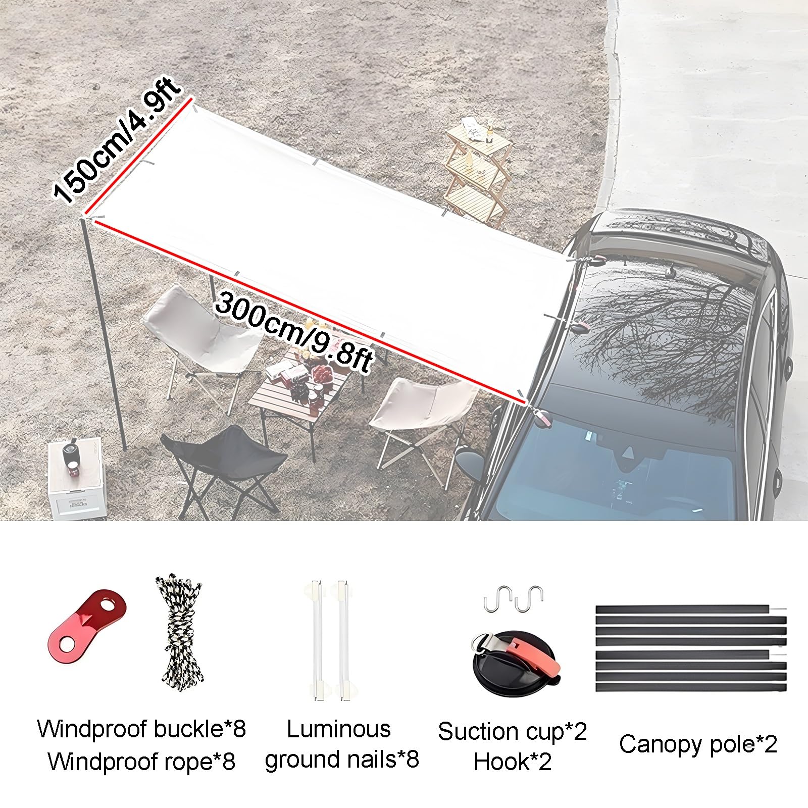 Tendalino Auto, Tenda da Campeggio Esterna 150 * 300 cm, Tessuto Oxford UV50+, Tettuccio Anti-UV per Camper, Roulotte e Furgoni