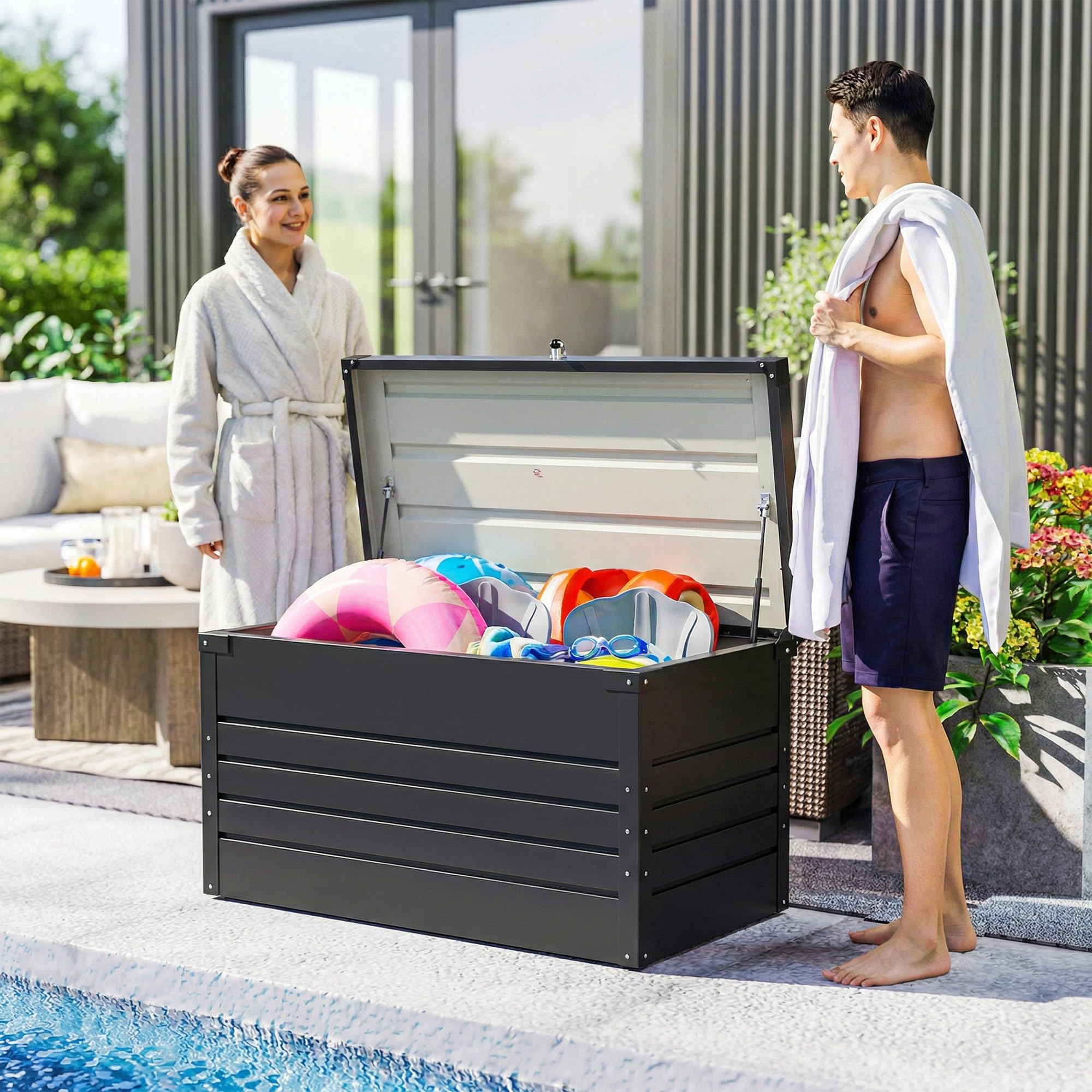 Outsunny Scatola da giardino in metallo 450 l, in acciaio zincato, impermeabile, con doppio cilindro a gas, contenitore con serratura per cuscini, attrezzi e terrazza, colore: grigio antracite