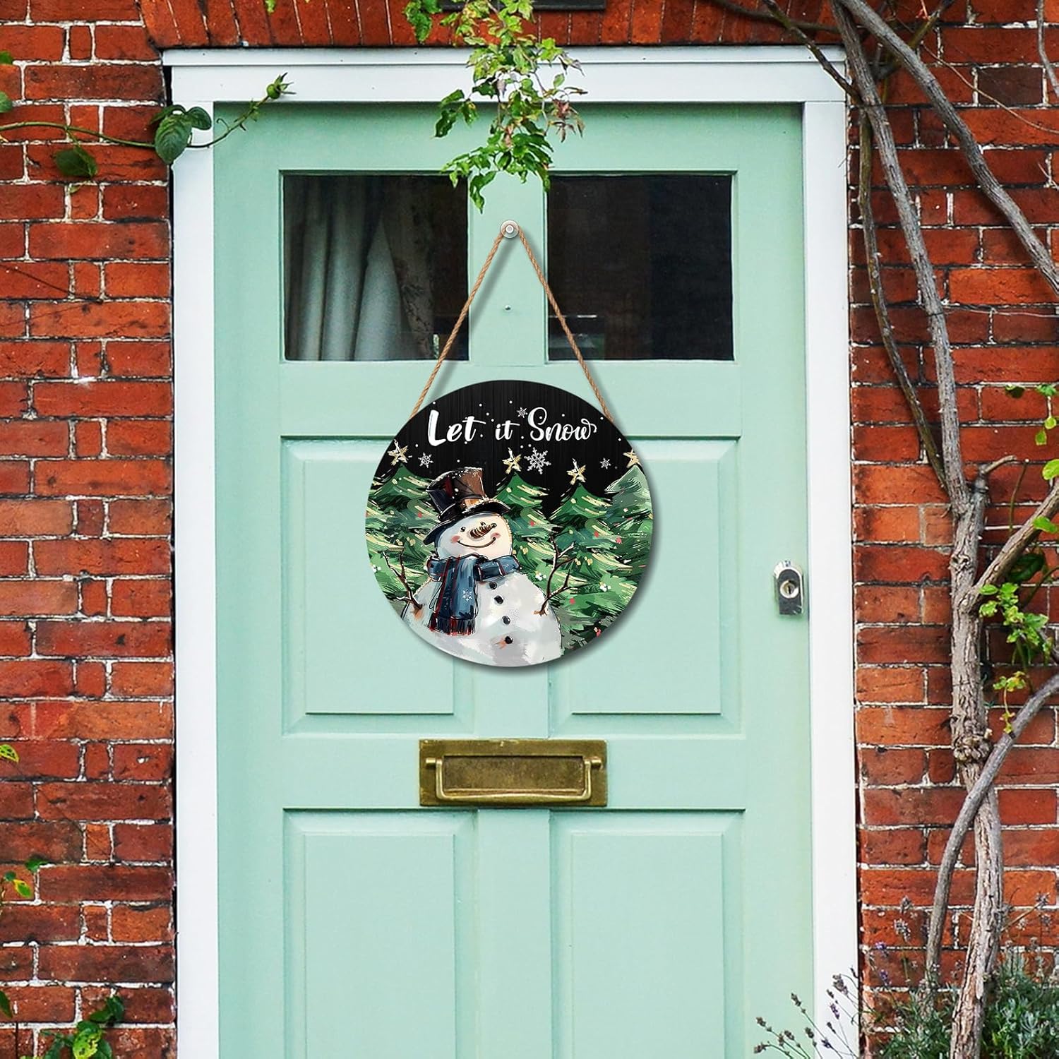 Winter Snowman Sign for Front Door Decor Christmas Snowman Wood Door Hanger for Outdoor Outside Porch Welcome Pine Trees Snowflake Wooden Wreath Winter Xmas Wall Hanging Decoration for Home 12"x12" - Image 6