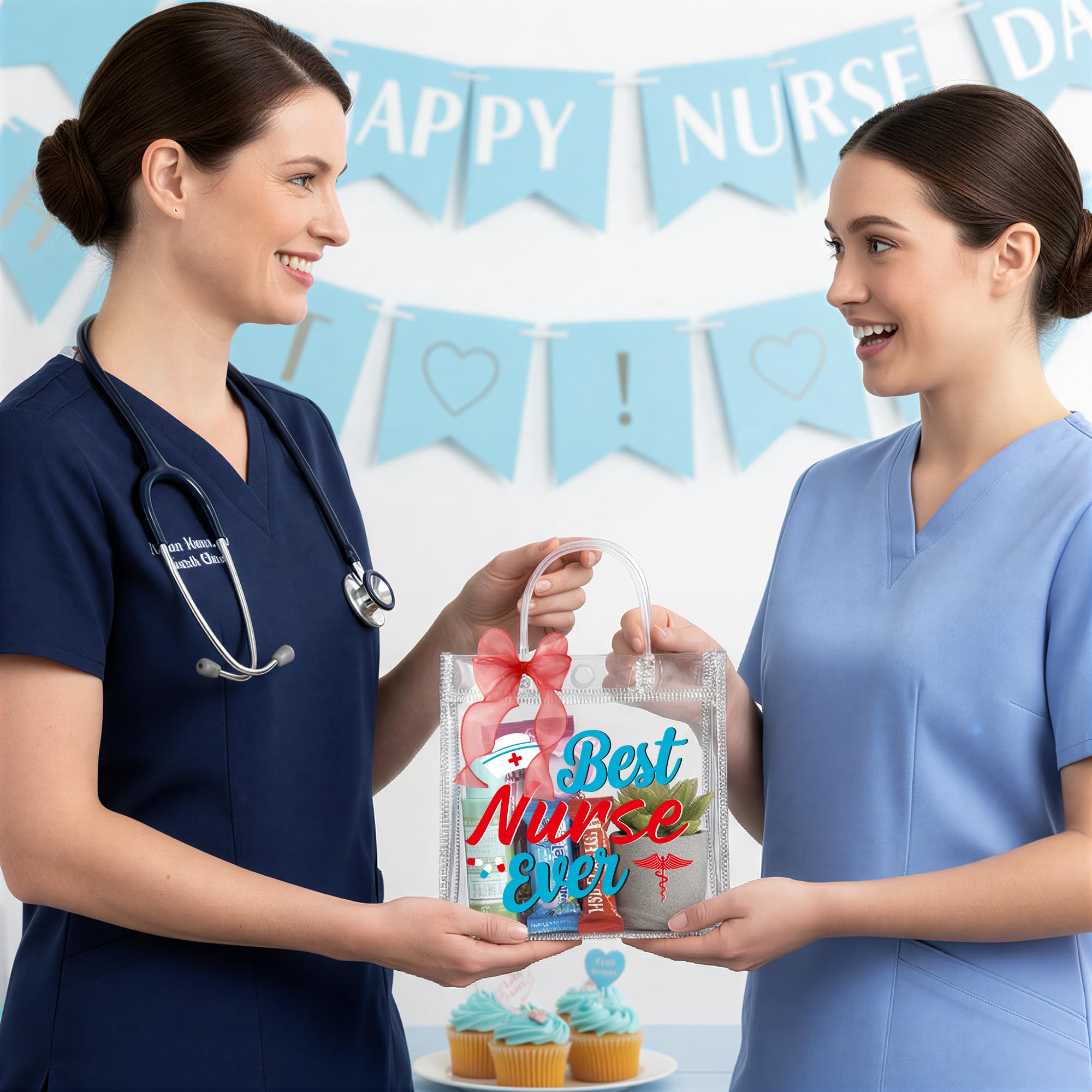 H1vojoxo Nurse Appreciation Gift Bags - 24PCS Nurse Clear PVC Gift Bags with Red Bow Ribbon Nurses Week Thank You Gifts Bag with Handles for Medical Assistant Healthcare Workers Best Nurses Ever