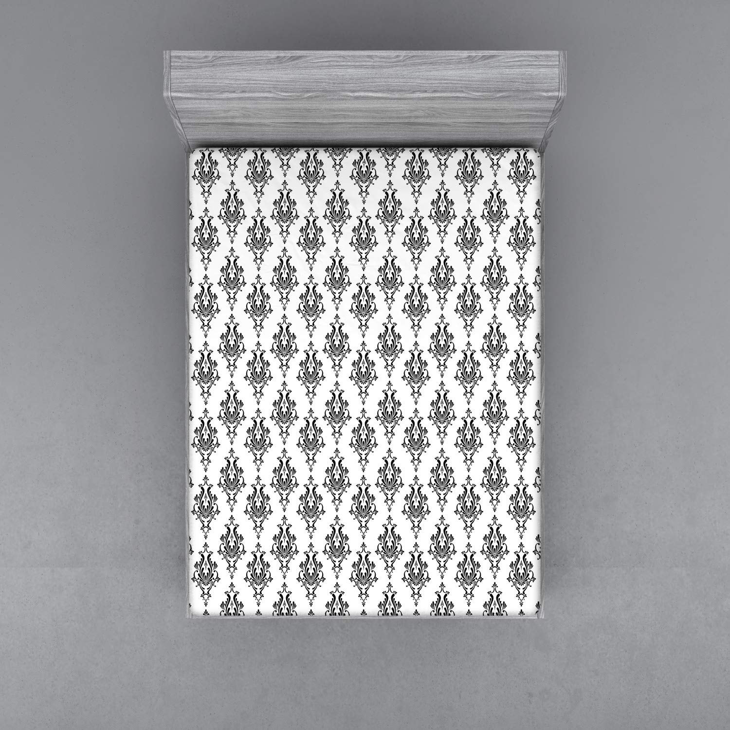 ABAKUHAUS Damasco Lenzuolo con Angoli, Stile Vittoriano Barocco, Comodo e Morbido Tessuto Decorativo da Letto Tasca Elastica a Tutto Tondo, 140 cm x 200 cm, Nero Bianco