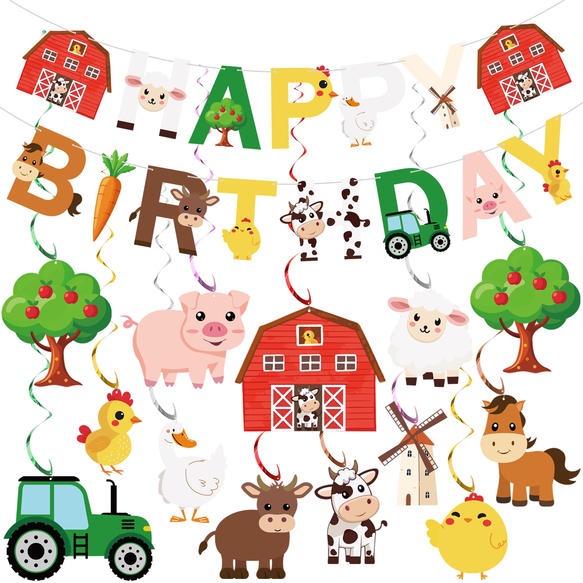 Tazuxetuqe 50 Pieces Farm Animals Party Decoration Happy Birthday Banner And Hanging Swirls Animal Theme Foil Hanging Garlands For Farm Theme Birthday Celebration