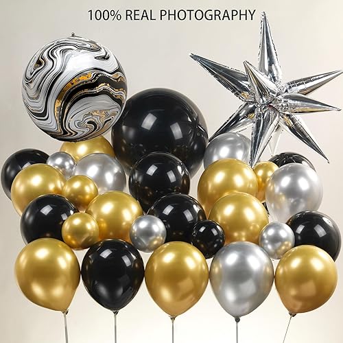 Miniatura 4 de Kit de arco de guirnalda de globos negros y dorados, 132 piezas de 5, 10, 12, 18 pulgadas, globos metálicos de mármol negro blanco y dorado para