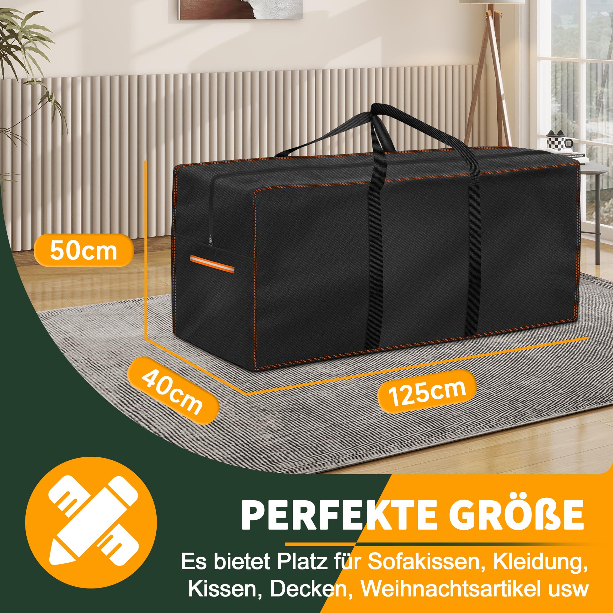 Enzeno Aufbewahrungstasche Gartenauflagen,Gartenpolster Auflagentasche Oxford Schutzhülle für Auflagen Gartenmöbel Kissen Weihnachtsbaume mit Reflektierender Streifen(125x40x50cm)