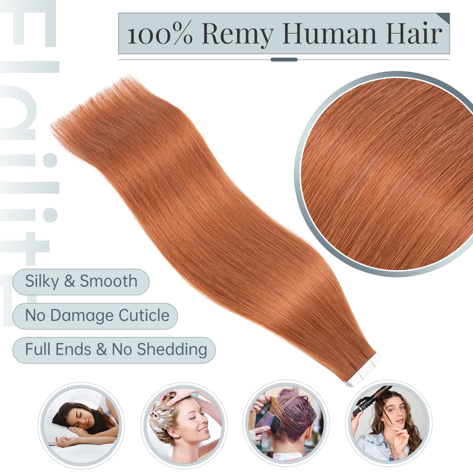 Elailite Extension Adesive Capelli Veri Biadesivo #33 Castano Ramato Scuro Tape Biadesive 20 Fasce 40cm 50g Capelli Lisci Remy Human Hair