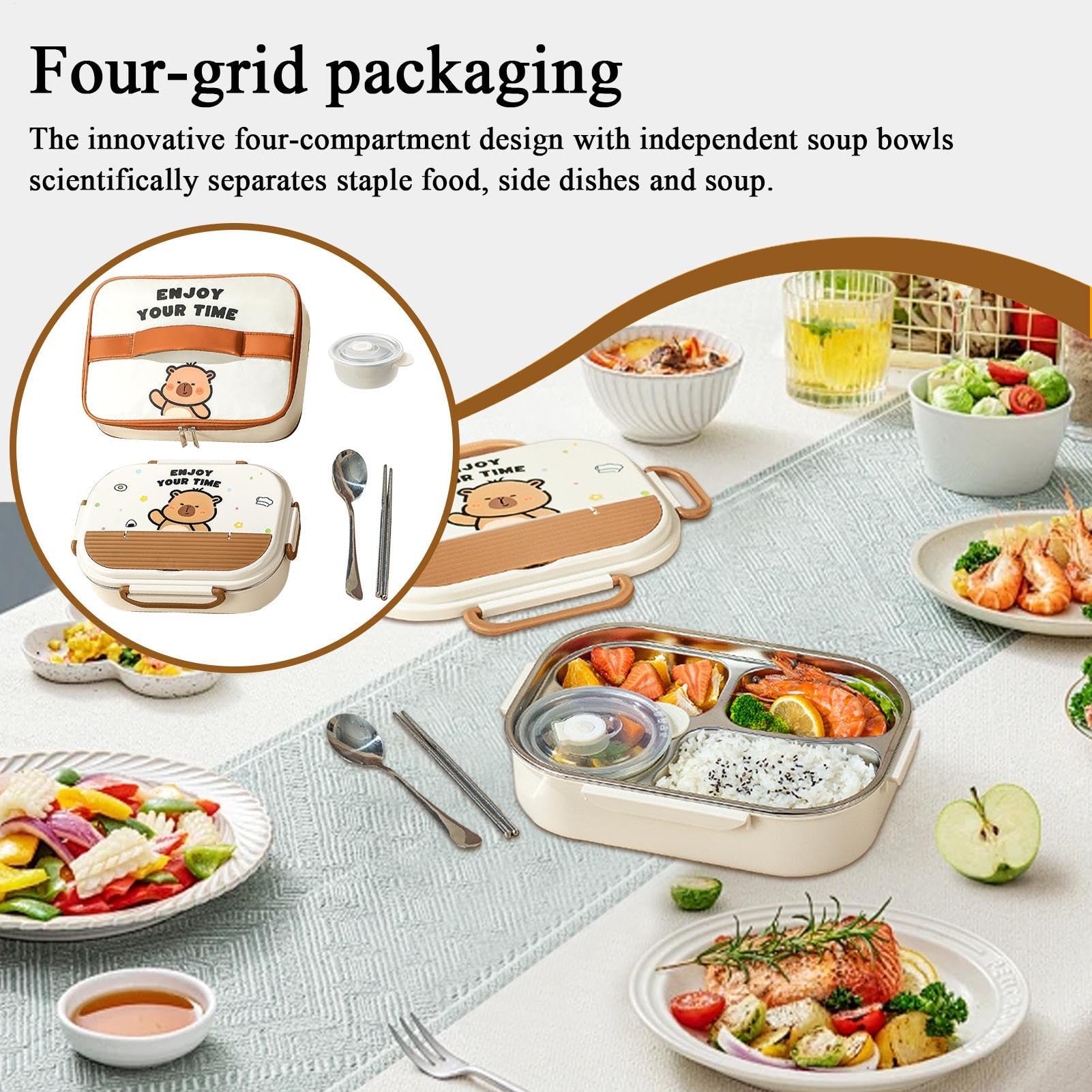 Teksome Boîte à lunch enfant Couverts Portables Adaptés Au Micro-Ondes | contenants à collation 4 compartiments et couverts adultes Sac De Transport Pour Repas Et Collations, Pique-Nique, Crèche Et