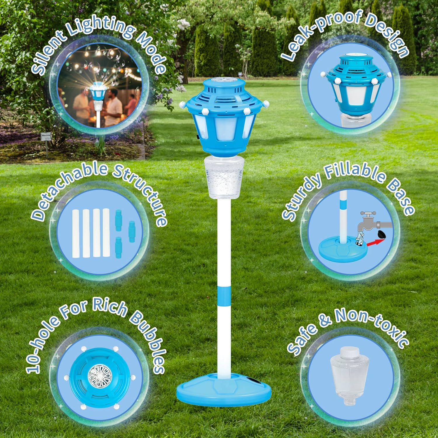 Bubble Machine Maker for Kids, Automatic Bubble Blower with Light & Rechargeable Battery, 40 Inch Adjustable Height Outdoor Toy for Toddlers Party Birthday (Includes 3 Solution), Blue