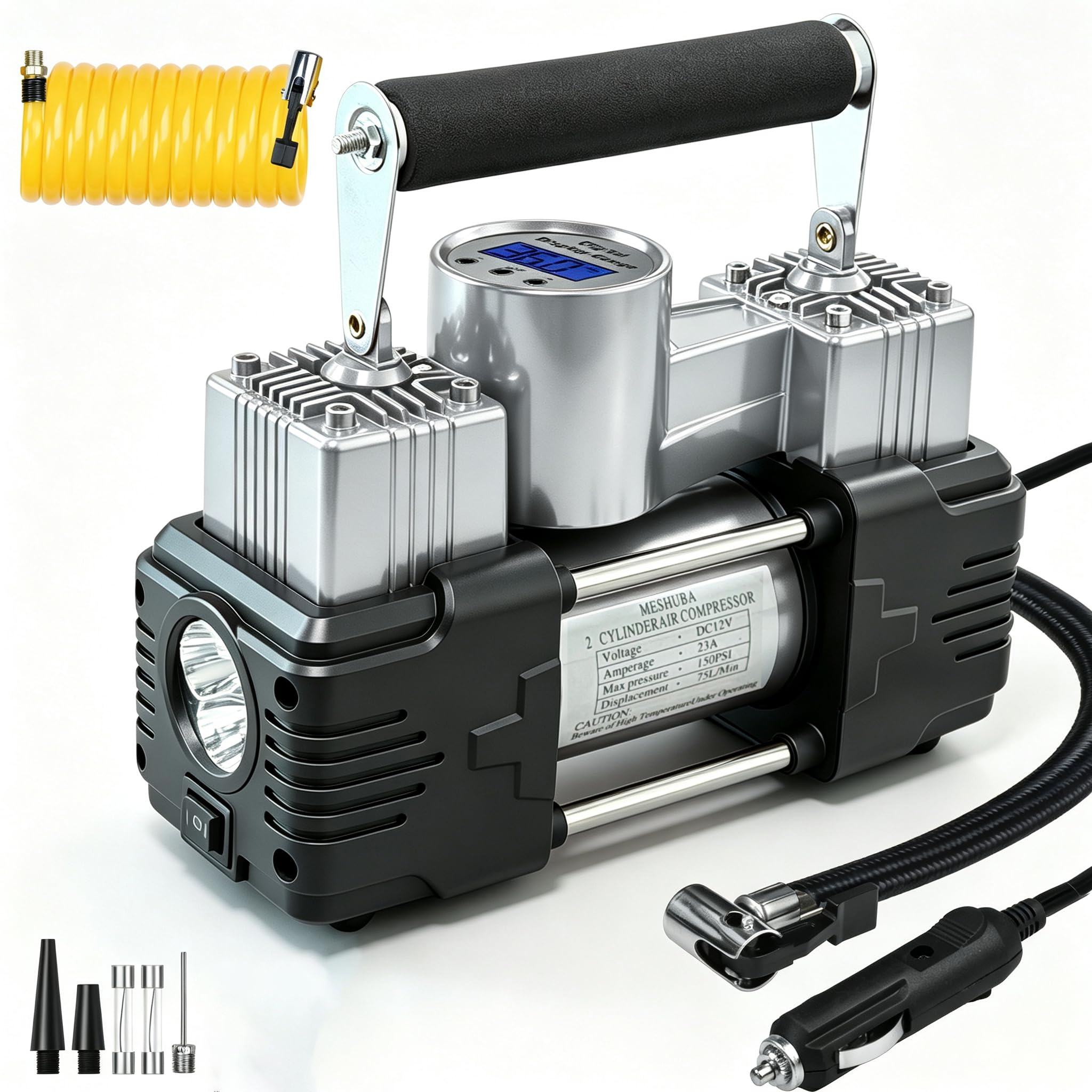 Compressore d'aria portatile a doppio cilindro, 150 psi, 12 V, con display digitale, luce LED, spegnimento automatico, accessori fuoristrada, resistente, per camion, SUV, auto, camper (argento