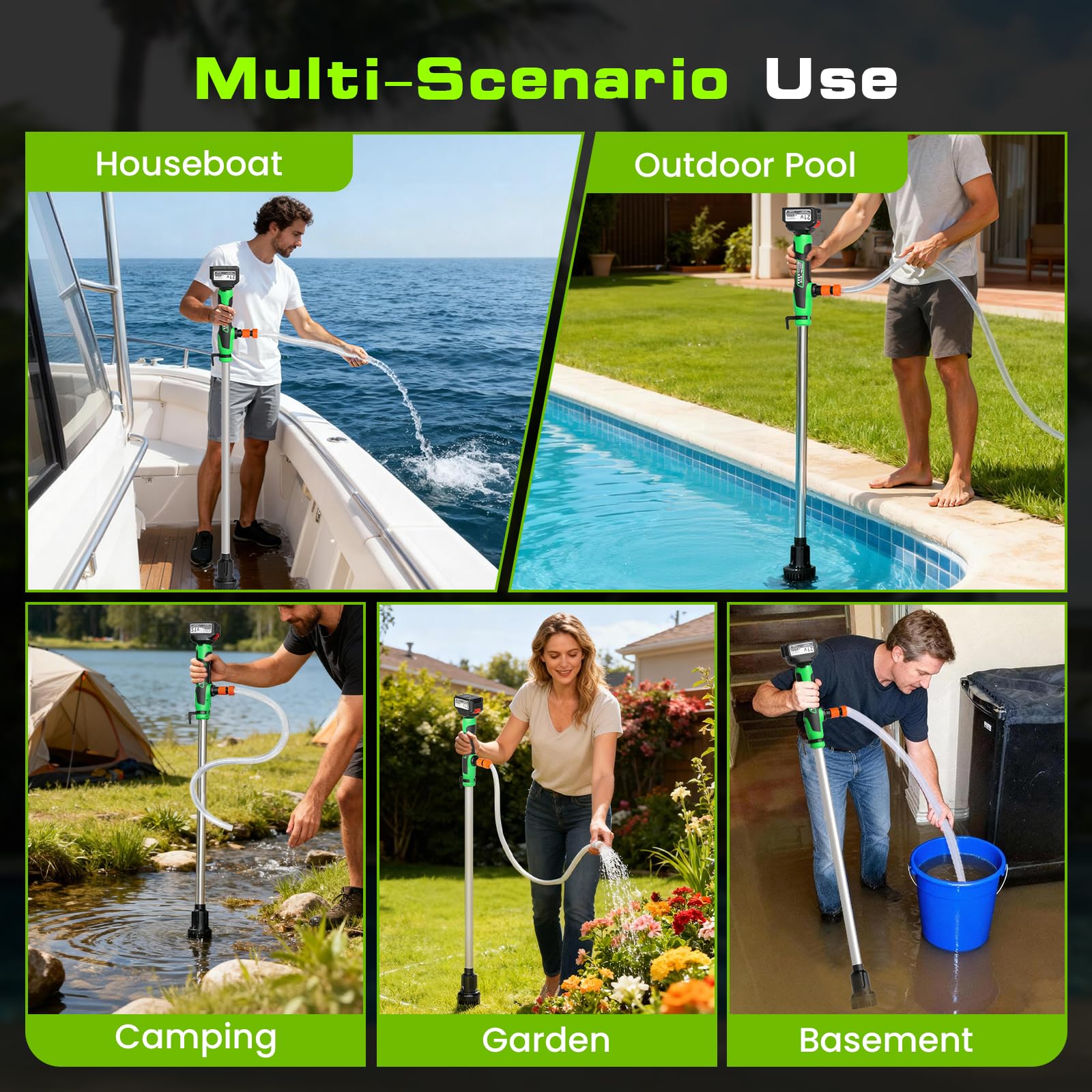 Pompa di Trasferimento dell'Acqua a Stelo Senza Fili, 2000 L/H, Pompa di Sentina Portatile con Tubo Giardino NPT 19 mm, Compatibile 20 V MAX (Senza Batteria) per Piscina Giardino Stagno
