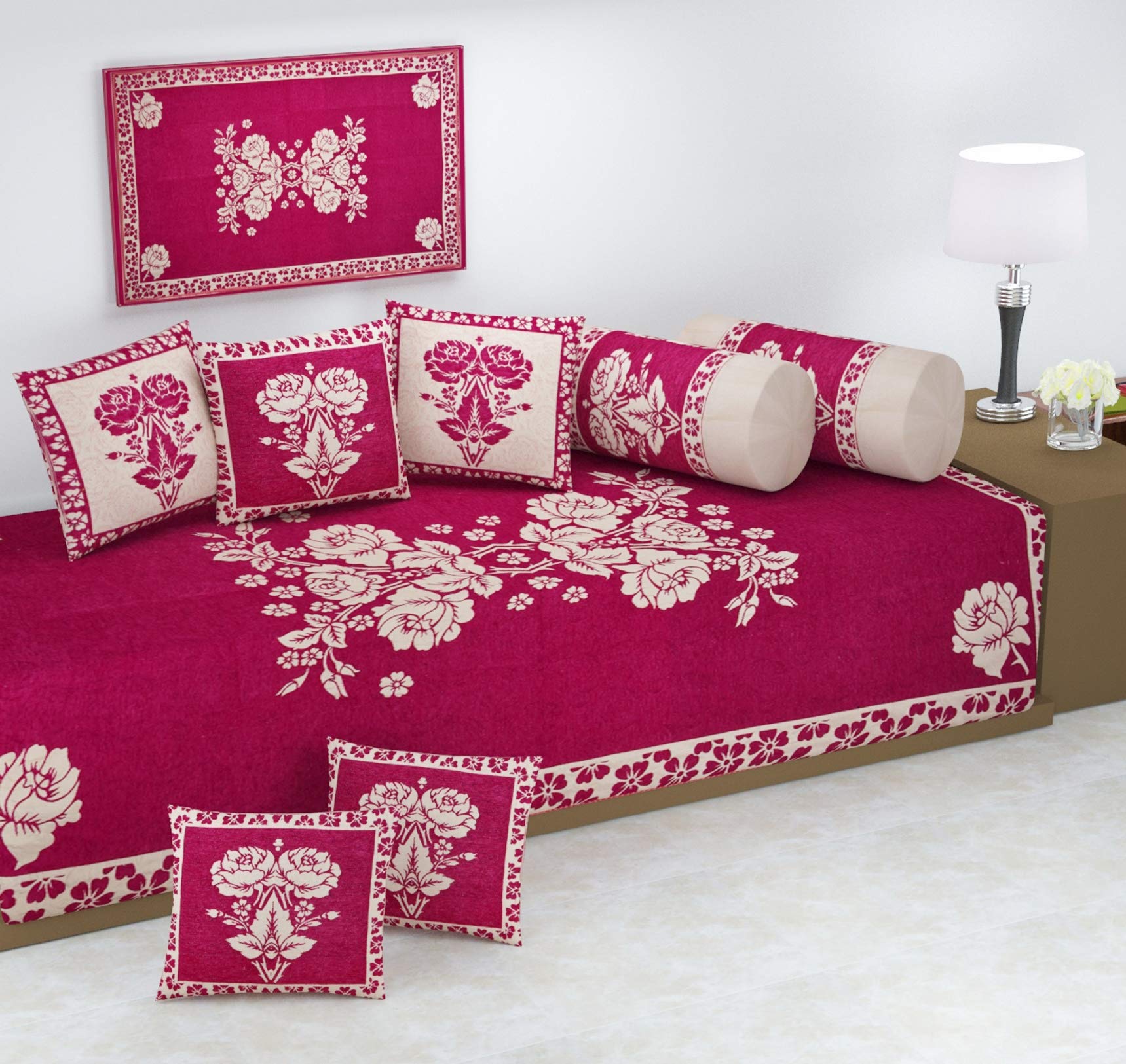 FRESH FROM LOOM Velvet Chenille Floral 500 TC Reversible Diwan Set Pink - 1 Single Bedsheet with 2 Bolster Covers and 5 Cushion Covers (8pc Set)-image-11