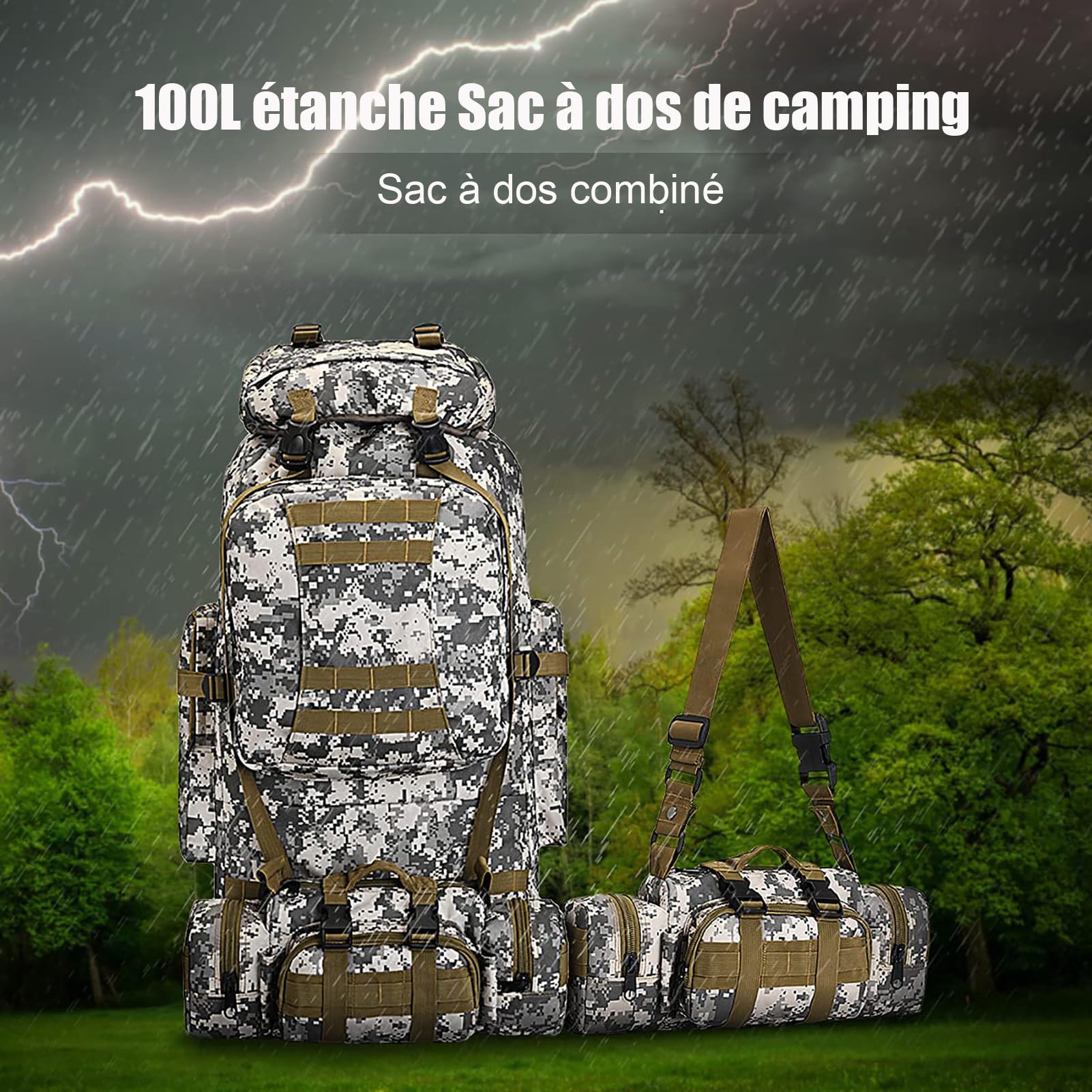 Grand Sac à Dos de Camouflage 2 en 1, 100L Sac à Dos de Randonnée Militaire Tactique Molle Sacs a Dos Etanche Survie Armee Sacs a Dos d'urgence idéal pour Trekking, Camping Voyage, Alpinisme