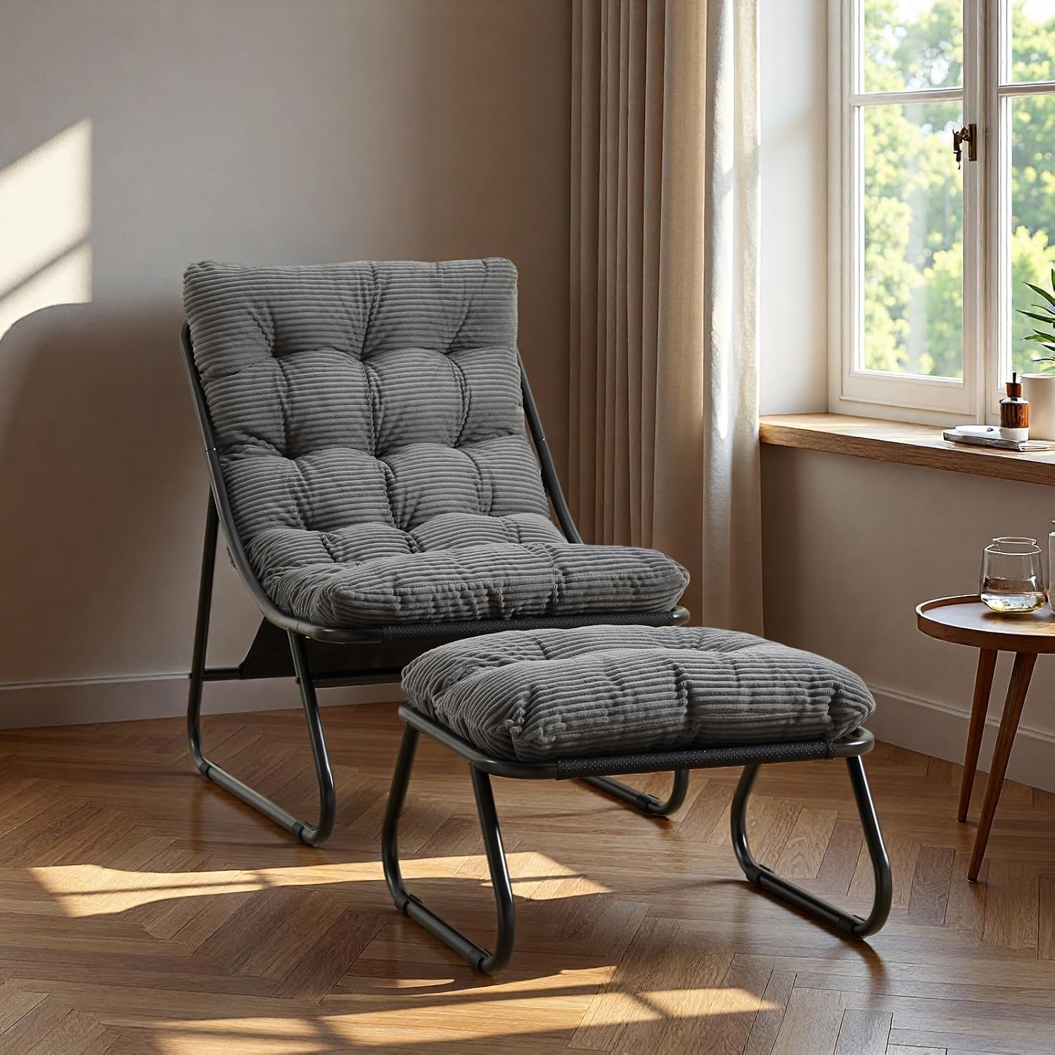 Outdoor Rocking Chair, Patio Recliner Chair with Black Metal Frame & Soft Thick Cushion, Corduroy Upholstered Tufted Rocker Chair with Footstool for Living Room, Soft Lounge Chair, Grey