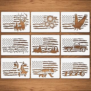 9 Pcs American Flag Stencils, We The People Stencils Deer 1776 Stencils Cow Bear Sunflower Stencils for Painting on Wood Canvas Walls Fabric Wood Burning Stencils Patriotic Stencils (8.3"x11.7")