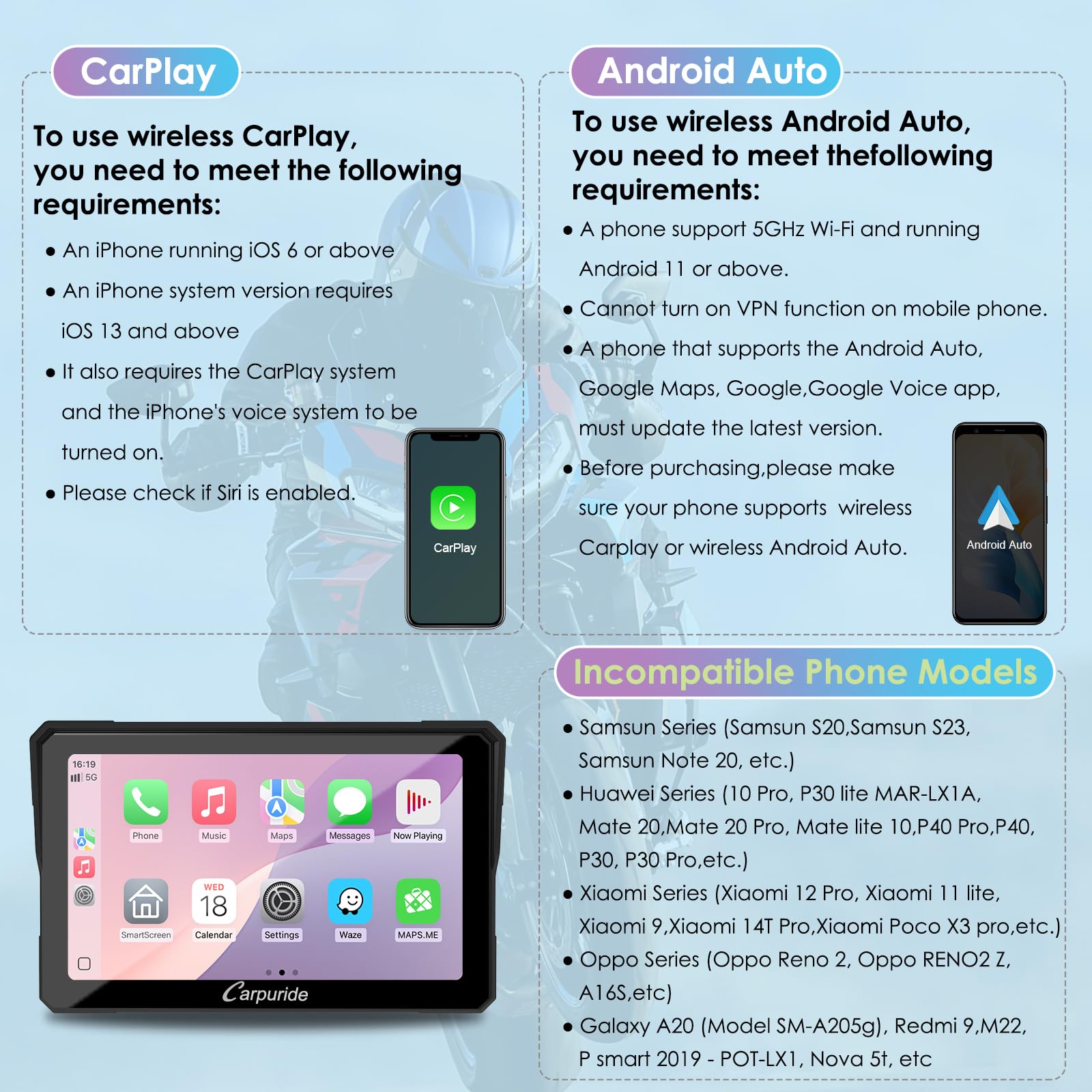 CARPURIDE W702S Moto Carplay Schermo 7" Impermeabile Touchscreen Senza Fili CarPlay Android Auto Bluetooth