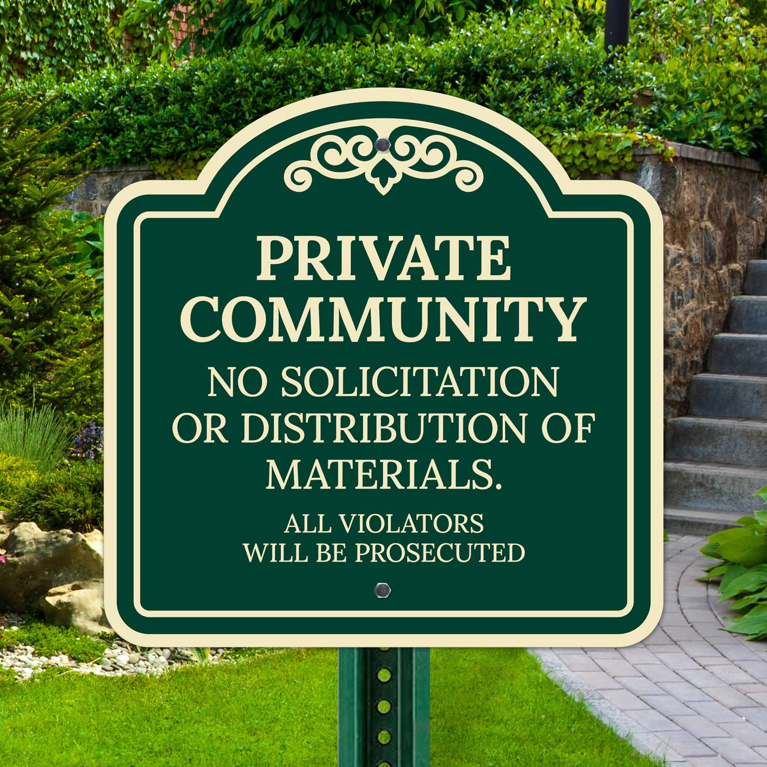 No Solicitation Or Distribution of Materials All Violators Will Be Prosecuted Décor Sign, Green Dark, 18x18 Inches, ACM, Fade Resistant, Made in USA