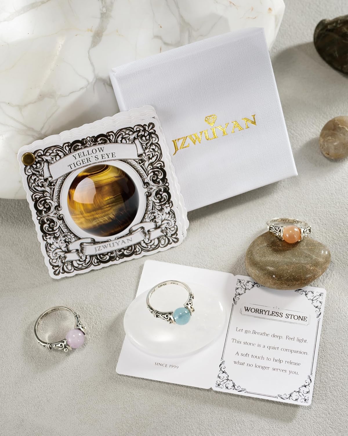 Decompression Swivel Ring - 925 Sterling Silver Natural Gemstone Ring with Amethyst, Moonlight, Obsidian, Garnet, Anxiety Relief Crystal Healing Jewelry Gift for Women Mom Daughter She (Yellow Tiger's Eye, 7)