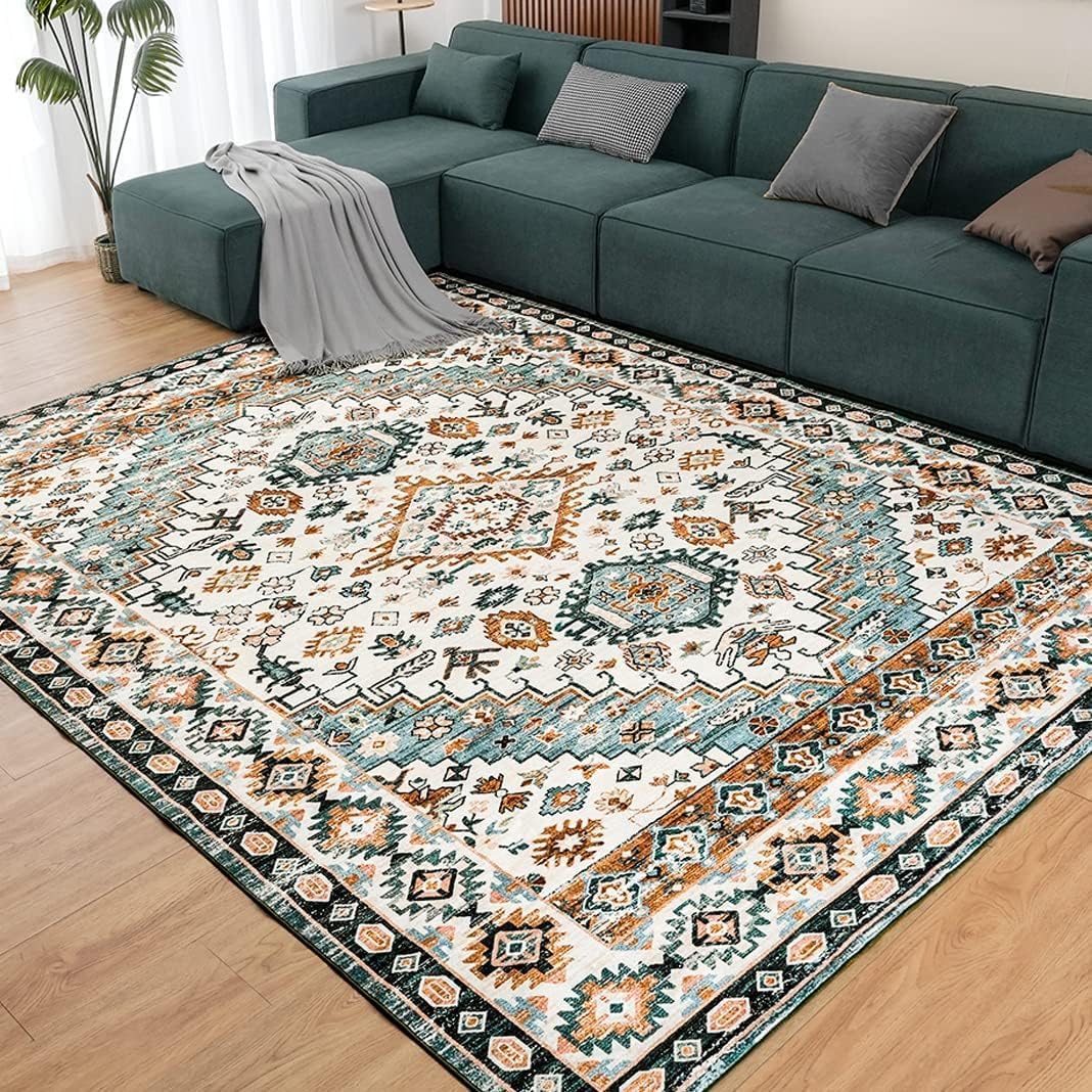 CHOSHOME Rug for Living Room, 8x10 Area Rugs, Vintage Non Slip Soft Washable Rugs, Foldable Area Rug for Dining Room, Bedroom, Office, Classroom, Nursery, Green