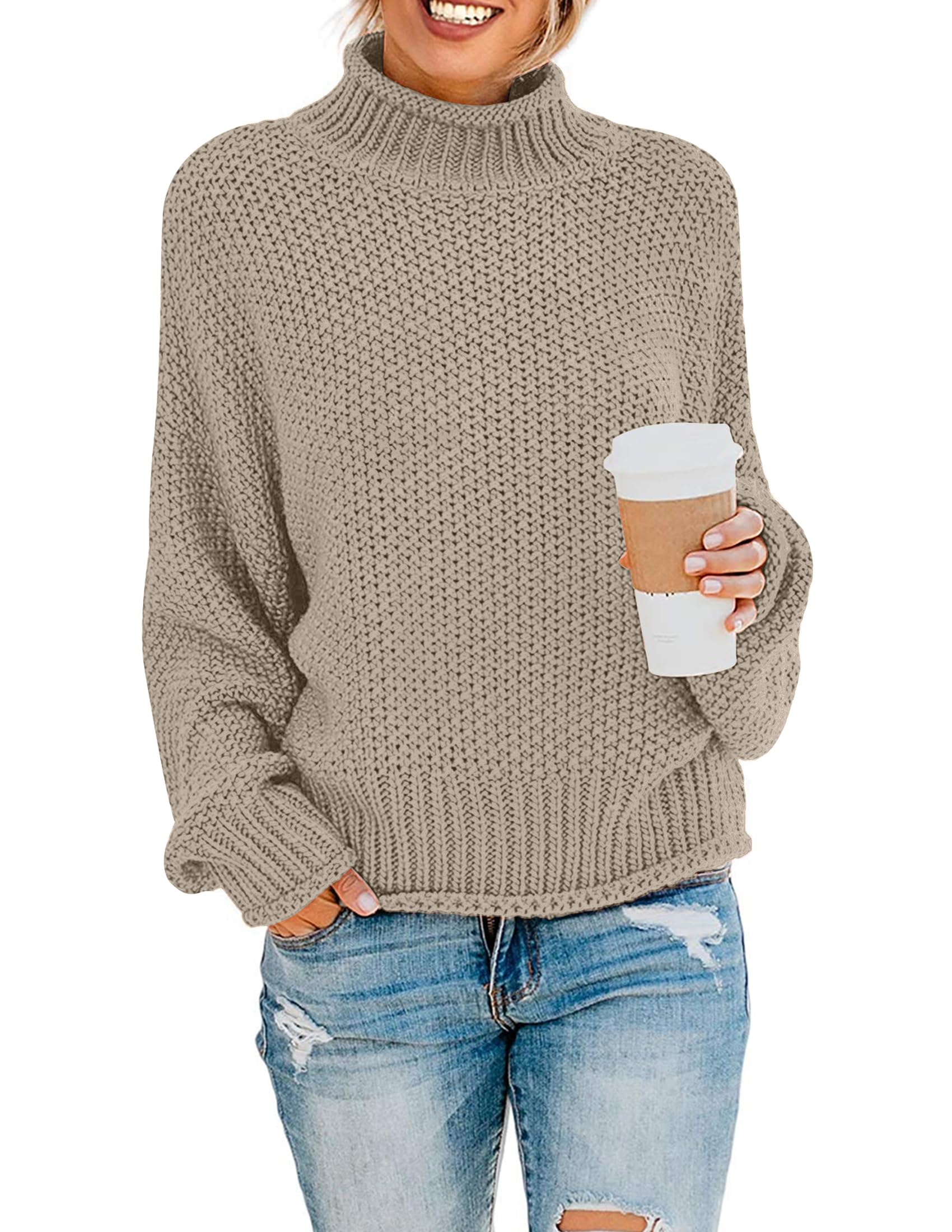 Women's Turtleneck Batwing Sleeve Loose Oversized Chunky Knitted Pullover Sweater Jumper Tops