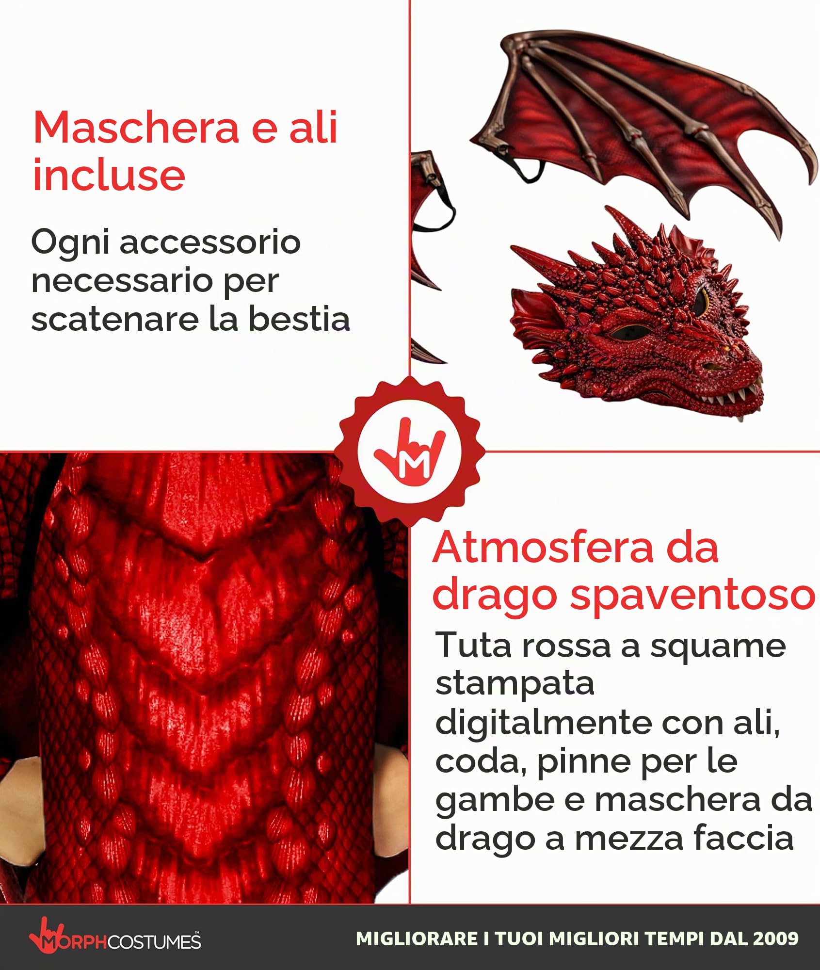 Morph Costume Drago Bambino, Vestito Dragon con Ali e Maschera, Costumi Halloween e Carnevale Bambini