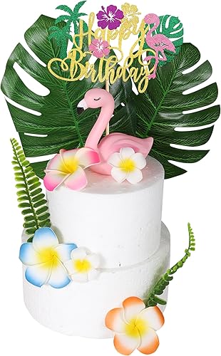 Miniatura 3 de Rsstarxi Paquete de 11 decoraciones de flamenco para tartas de flamenco, feliz cumpleaños, decoración de pastel de verano con flamenco rosa, flores