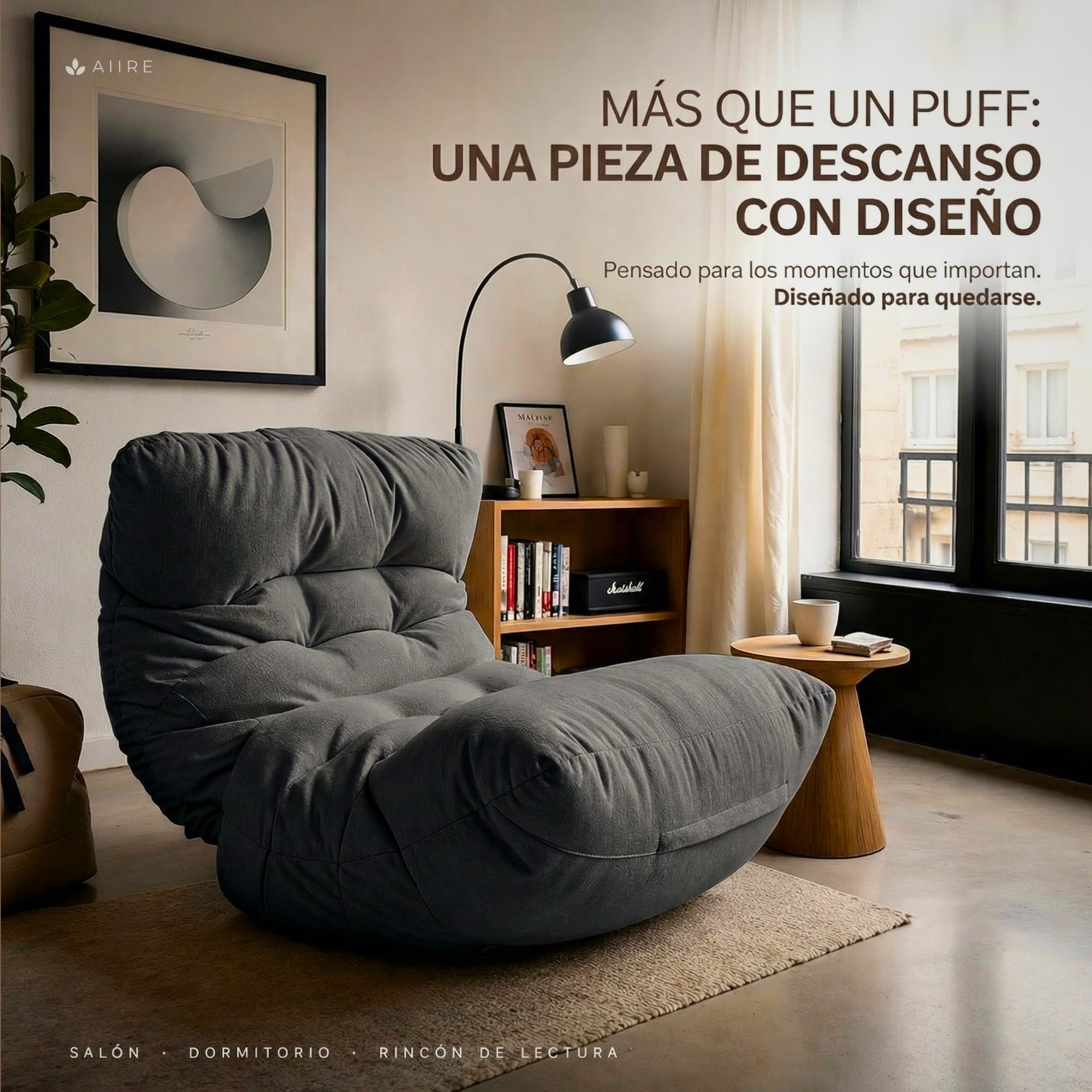 Aiire Puff Salón XXL de Diseño - Sillón Puf con Relleno Incluido para Adulto - Bean Bag Chair Premium para Dormitorio - Funda Desenfundable y Lavable Gris Oscuro