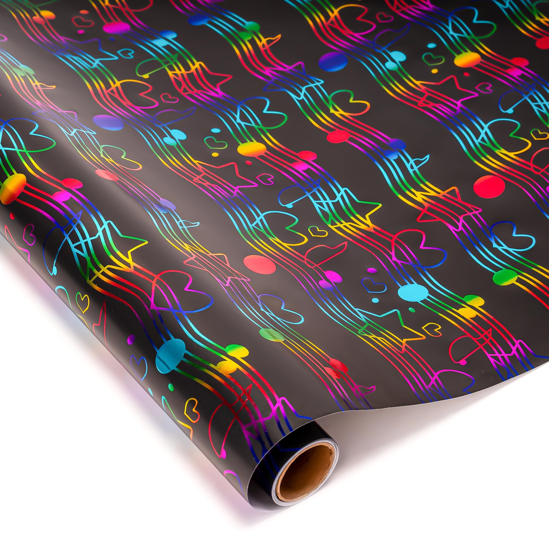 Larcenciel Gift Wrapping Paper Roll, Rainbow Metallic Glitter Black Wrapping Paper, Cool Jumping Music Note Gift Wrap for Birthday, Holiday, Anniversary, Party, 3mx43cm