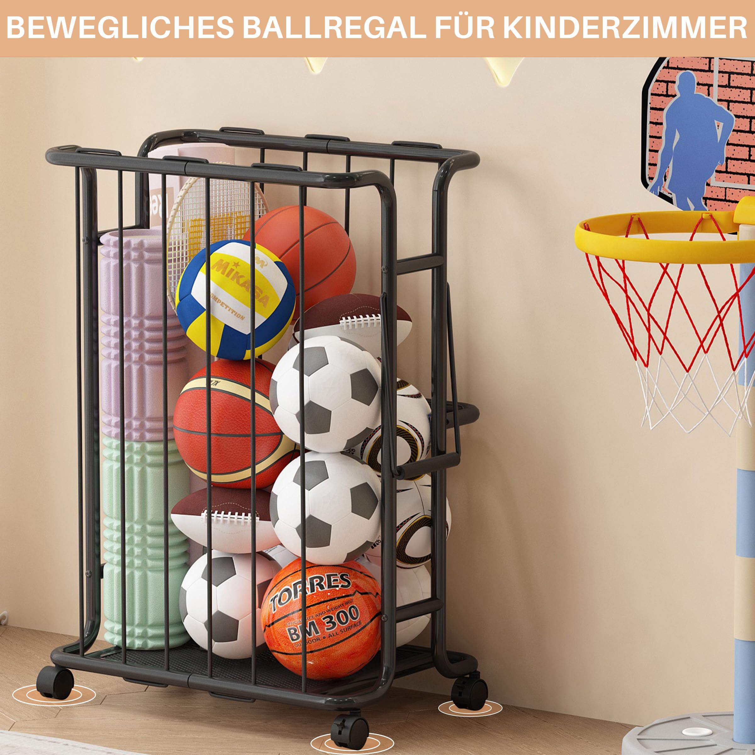 Großes Ballregal, 139 Liter Fassungsvermögen, mit Rollen zum Verschieben. Geeignet für Basketbälle, Fußbälle, Rugbybälle und andere Sportbälle. Für den Innen- und Außenbereich geeignet.