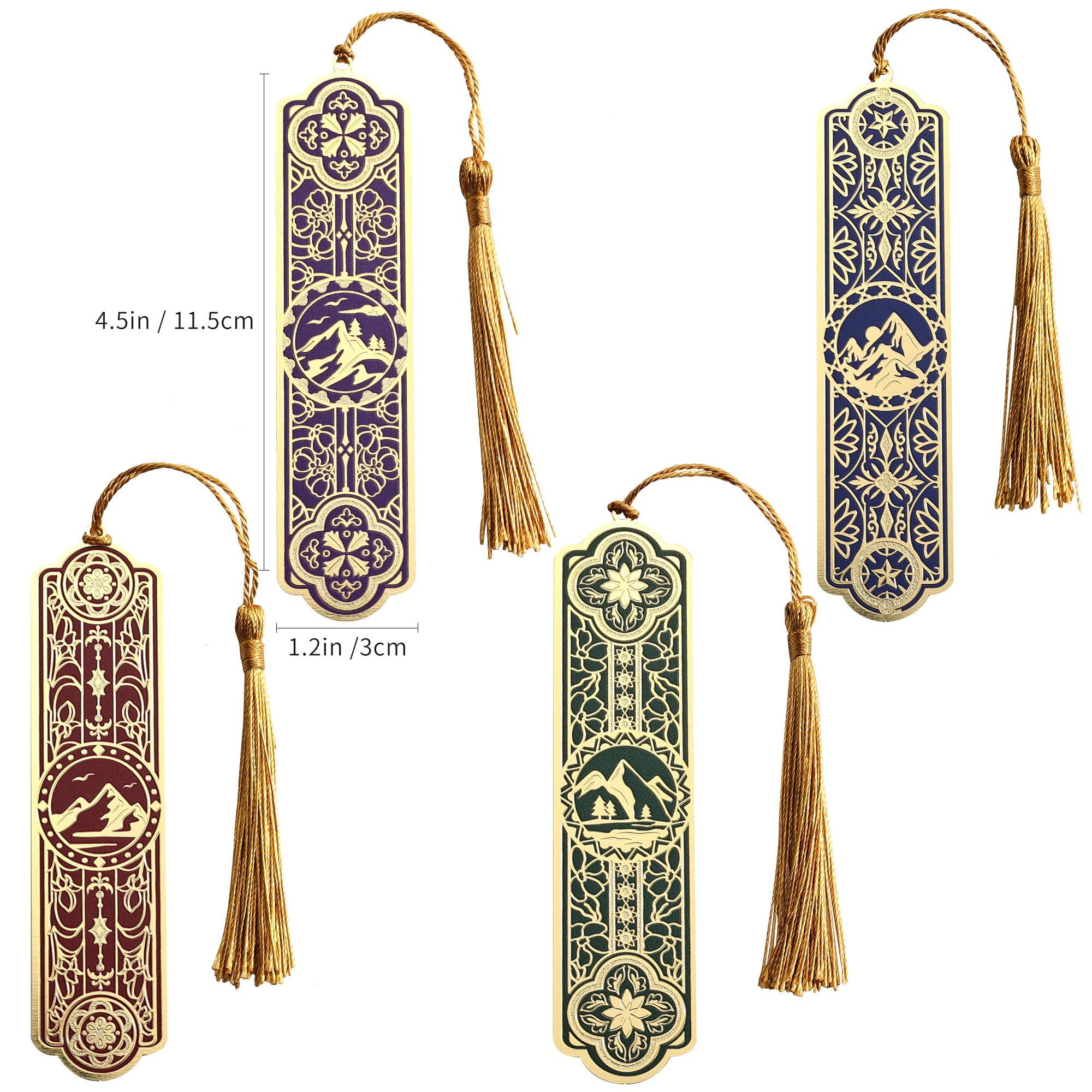 4 Pieces Metal Bookmarks with Tassel, Golden Hollow Bookmark Oil Painting Theme Book Mark Bookmarks for Book Lovers Writers Readers Children Teens Men Women Adults: 4Pcs Mountain