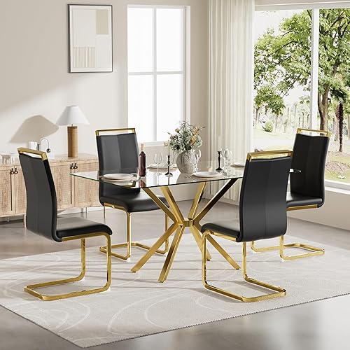 Miniatura 17 de Juego de comedor moderno de 5 piezas de 47 pulgadas, mesa de vidrio templado transparente + 4 sillas de comedor tapizadas de cuero con respaldo alto