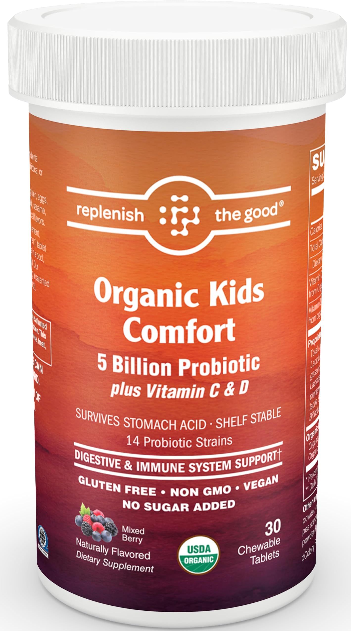 Replenish the Good Kids Probiotics, 30 chewable Tablets - 5 Billion CFU - 14 probiotic strains - Survives Stomach Acid - USDA Organic