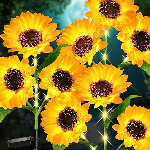 Luces solares de flores impermeables para exteriores, 3 paquetes mejorados de luces solares de jardín con 9 luces LED realistas de girasol, luces