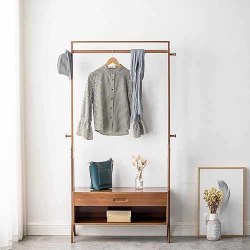 Miniatura 4 de CROSS WIN Perchero de madera de bambú para ropa, organizadores independientes de armario y cajones de almacenamiento con asiento y ganchos,