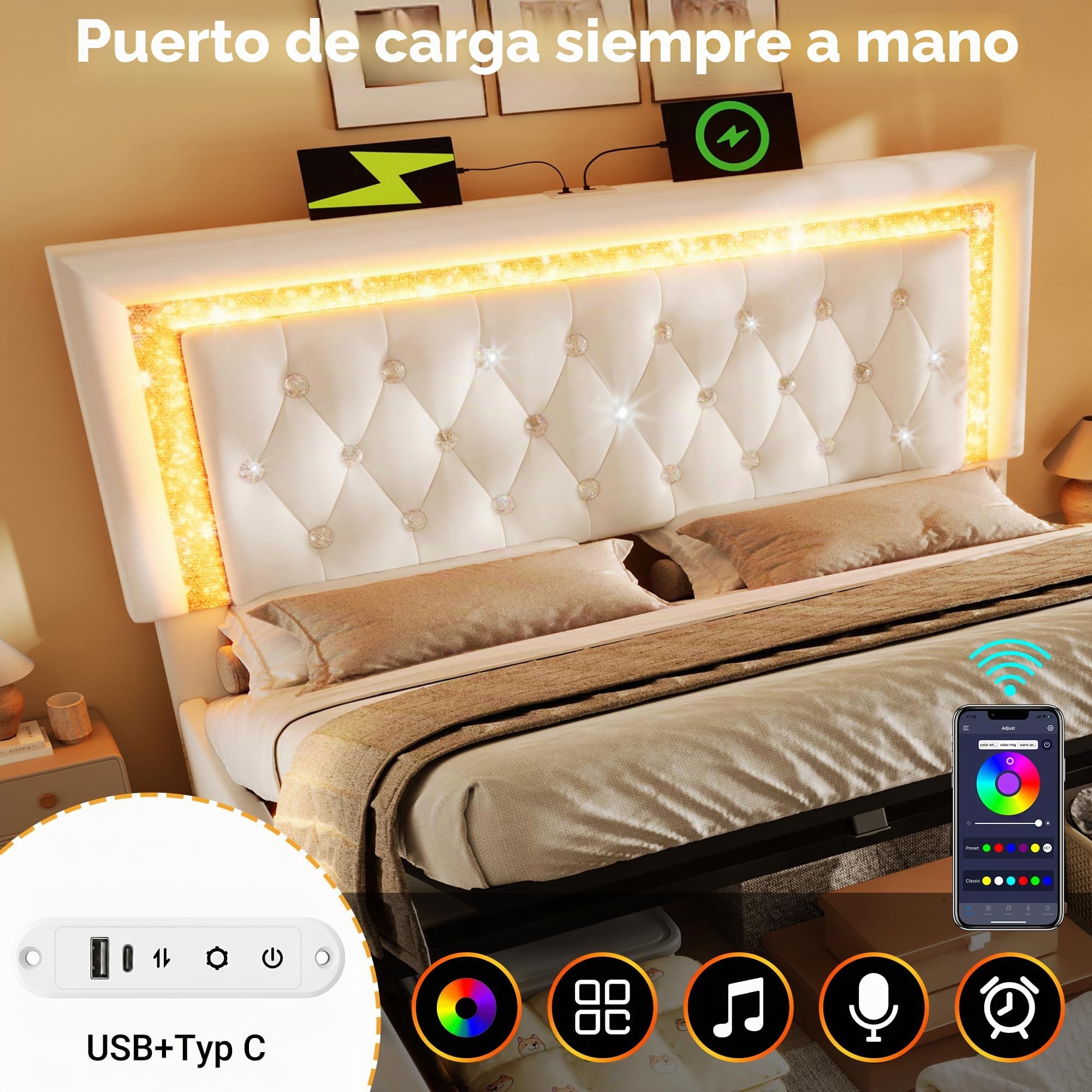 Lubvtti Cama acolchada con LED, estación de carga USB y tipo C, cama de matrimonio con contenedor hidráulico, estructura de cama con somier de láminas, terciopelo (beige, 160 x 200 cm)